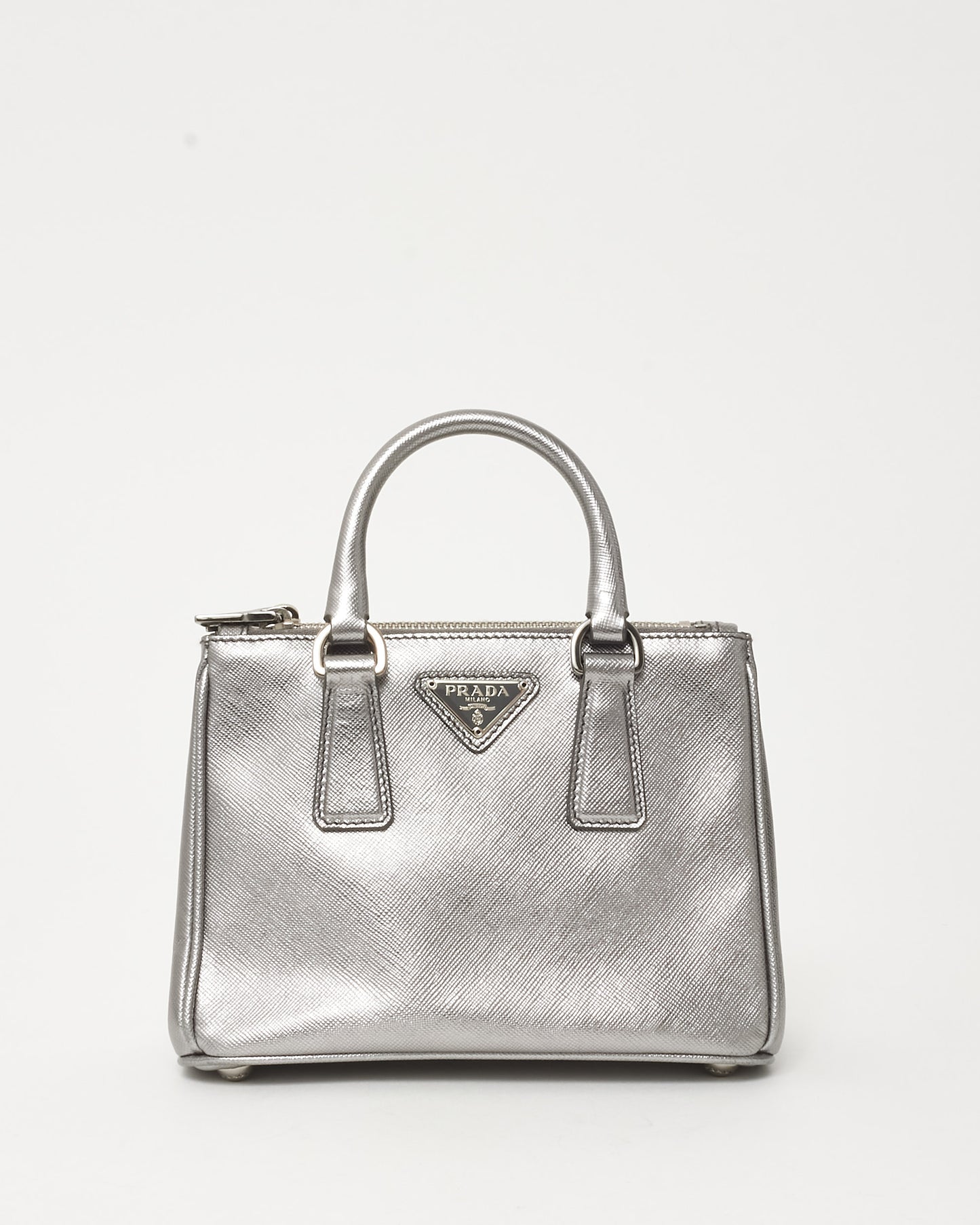 Prada Silver Saffiano Leather Micro Double Zip Galleria Tote
