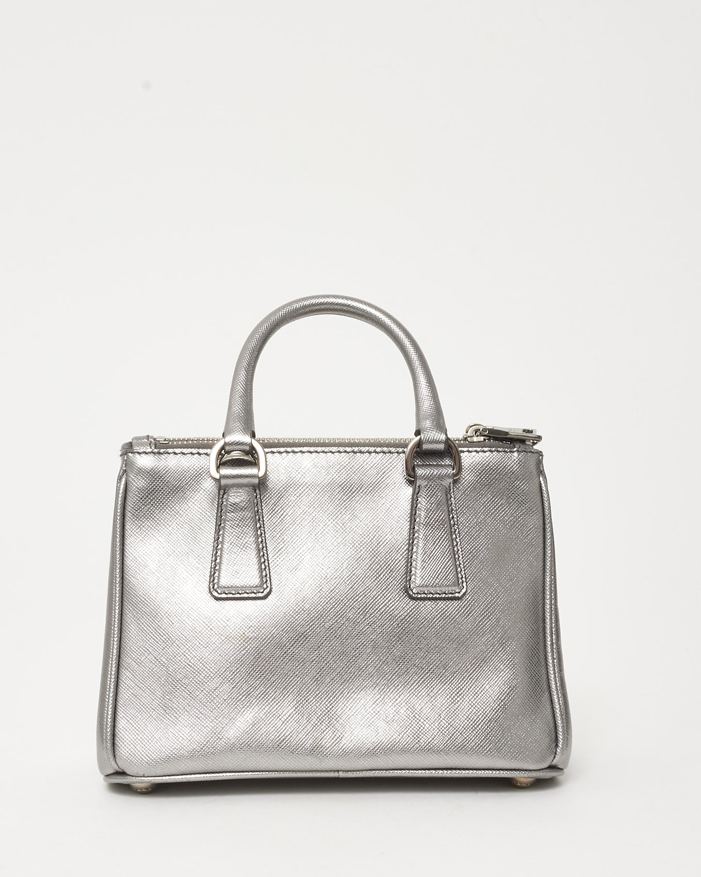 Prada Silver Saffiano Leather Micro Double Zip Galleria Tote