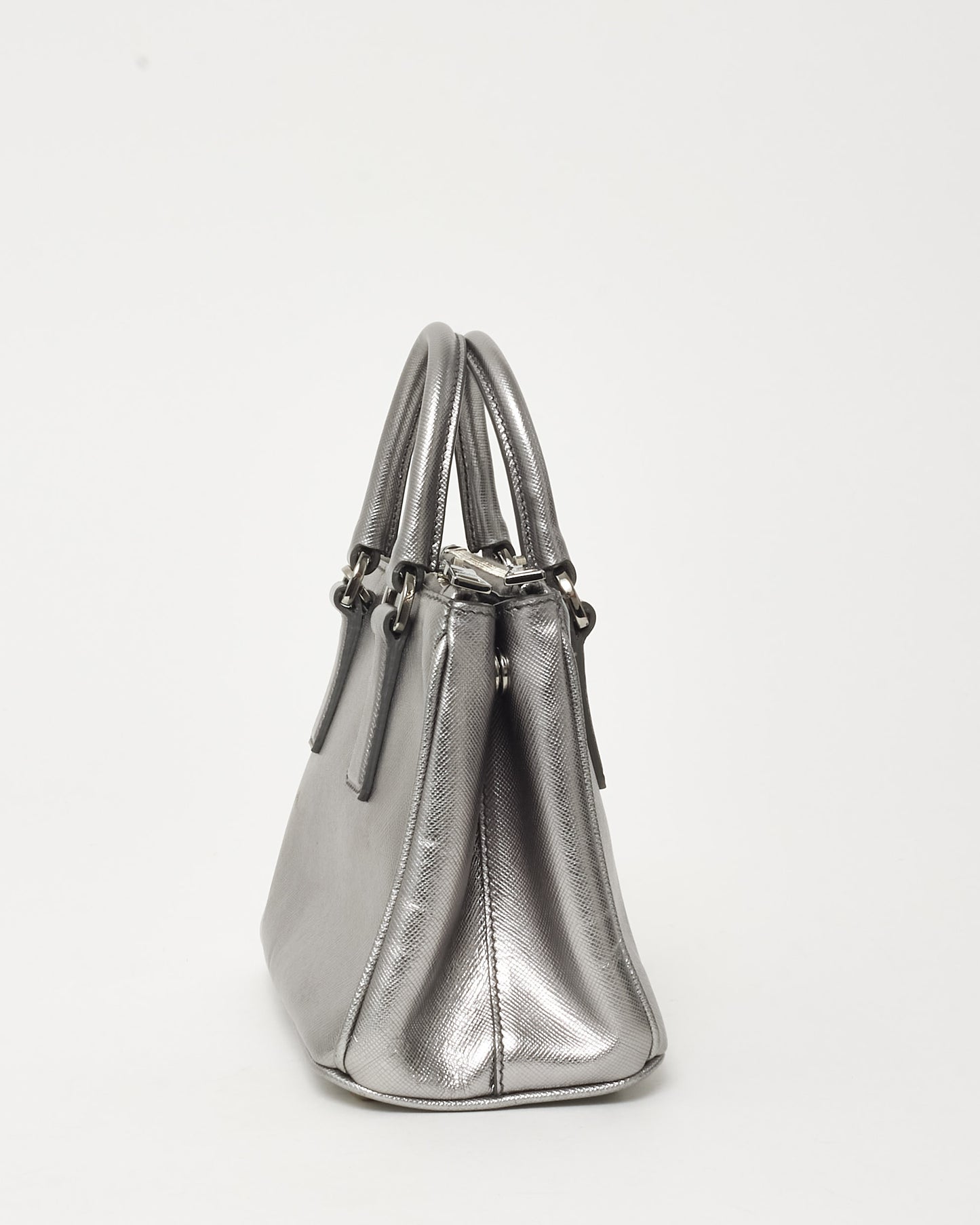 Prada Silver Saffiano Leather Micro Double Zip Galleria Tote