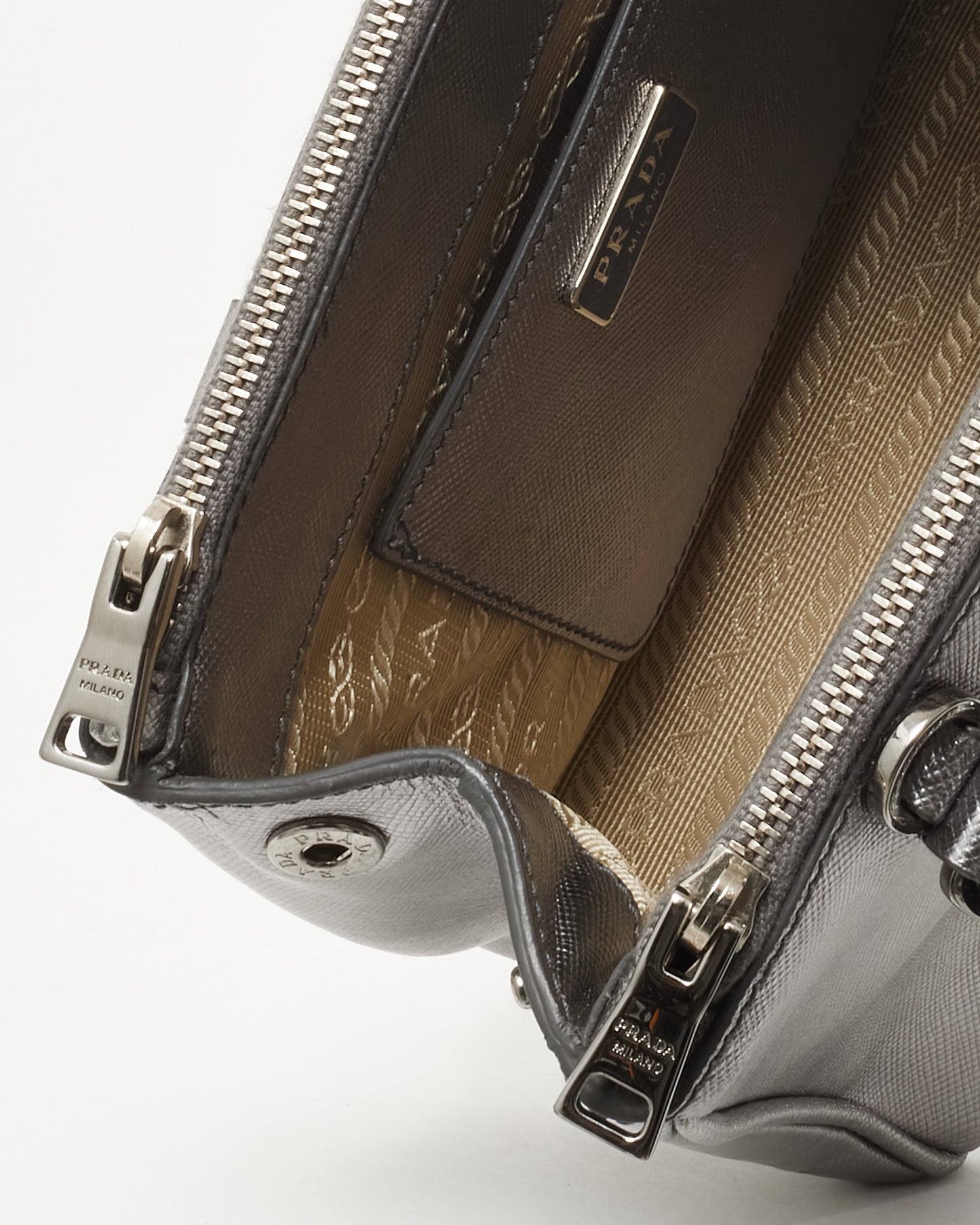 Prada Silver Saffiano Leather Micro Double Zip Galleria Tote