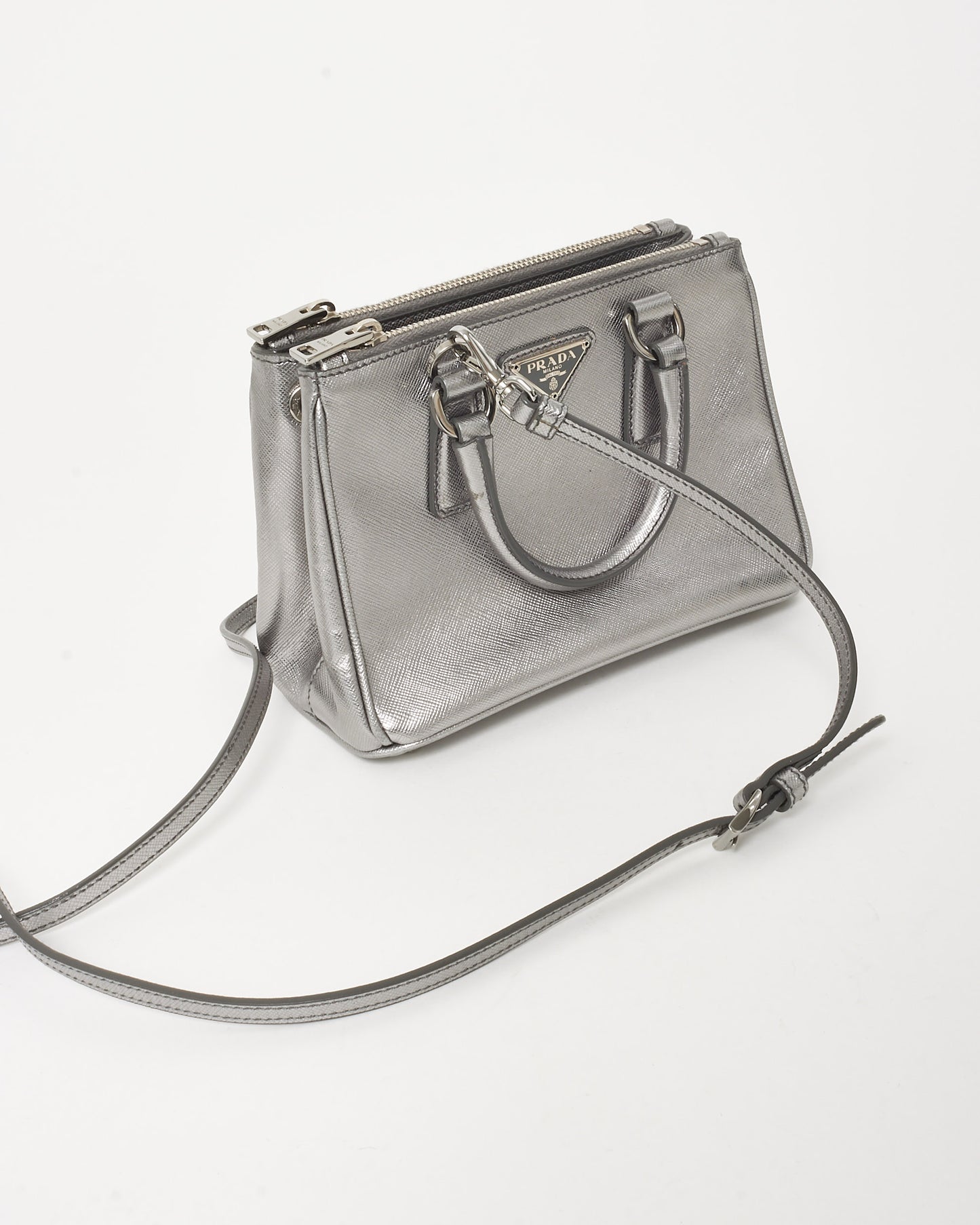 Prada Silver Saffiano Leather Micro Double Zip Galleria Tote