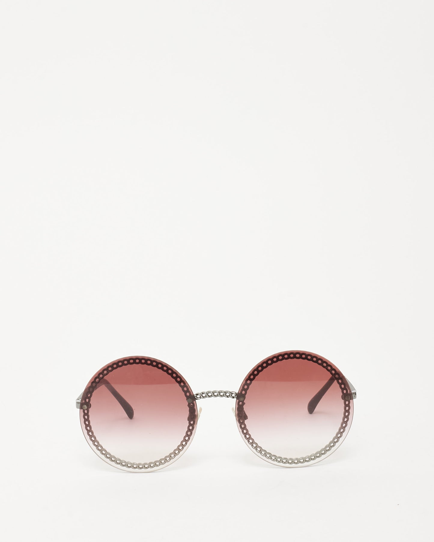 Chanel Silver-tone Pink Round Lens 4245 Sunglasses w/  Removable Burgundy Triple Hanging Chain