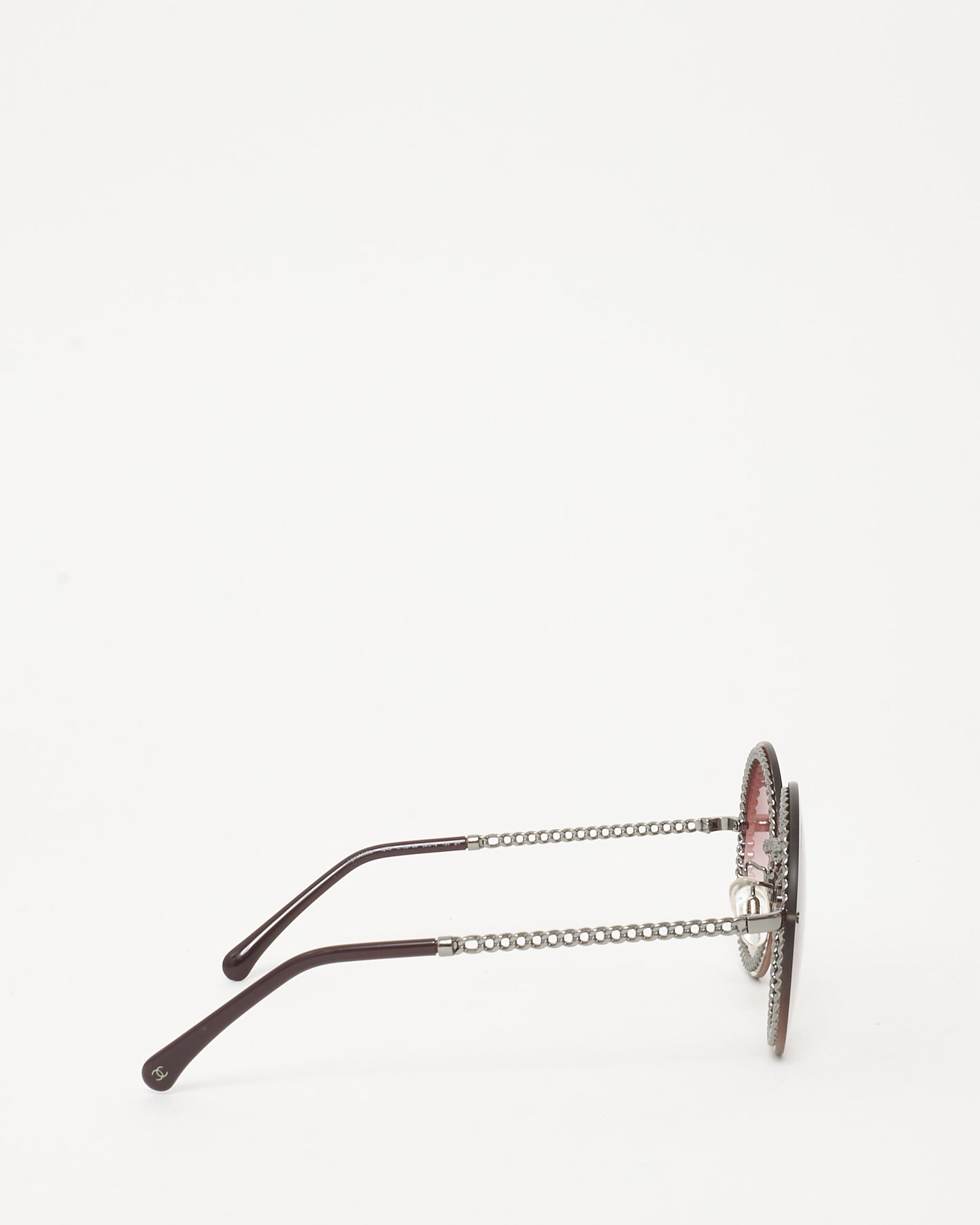 Chanel Silver-tone Pink Round Lens 4245 Sunglasses w/  Removable Burgundy Triple Hanging Chain