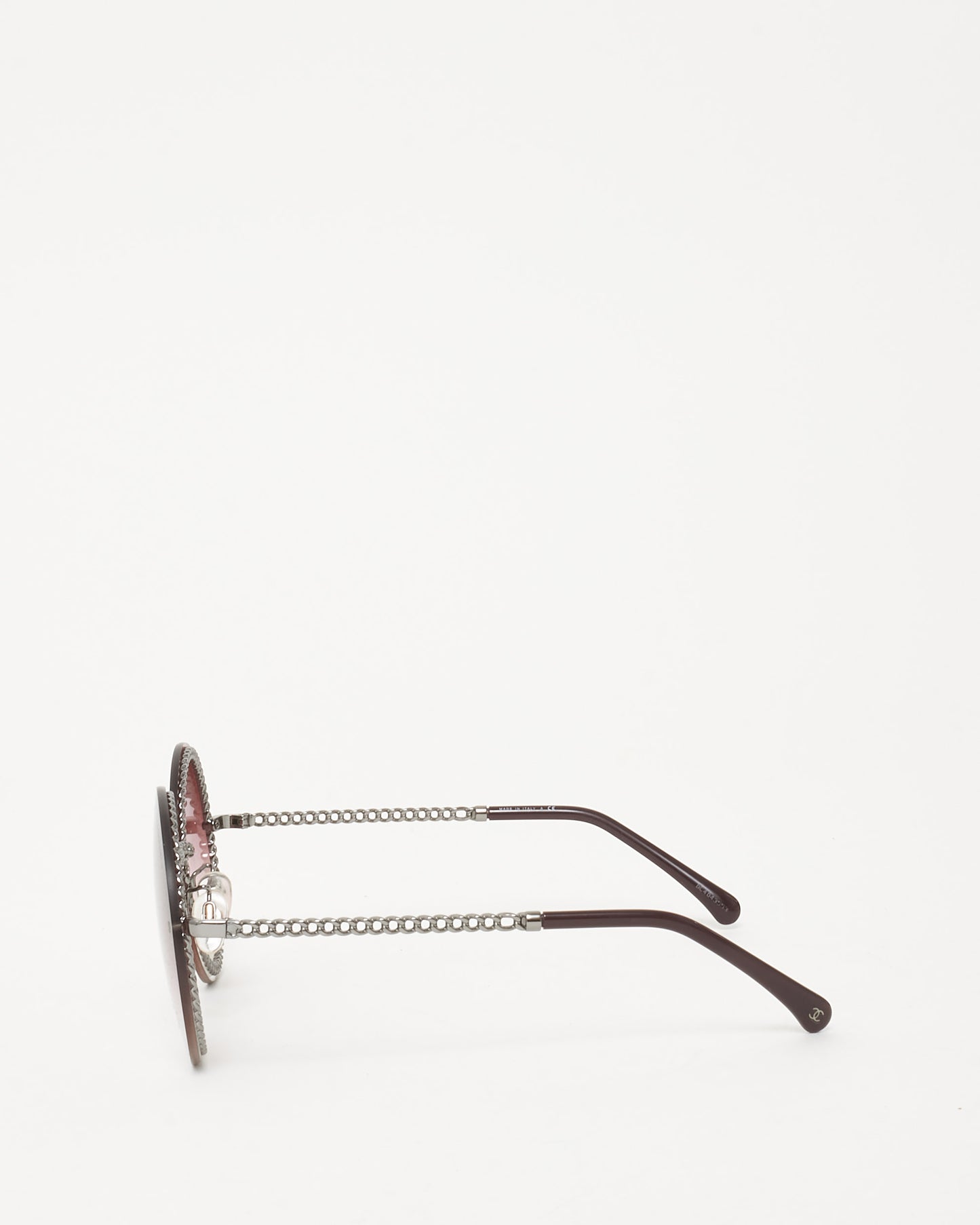 Chanel Silver-tone Pink Round Lens 4245 Sunglasses w/  Removable Burgundy Triple Hanging Chain
