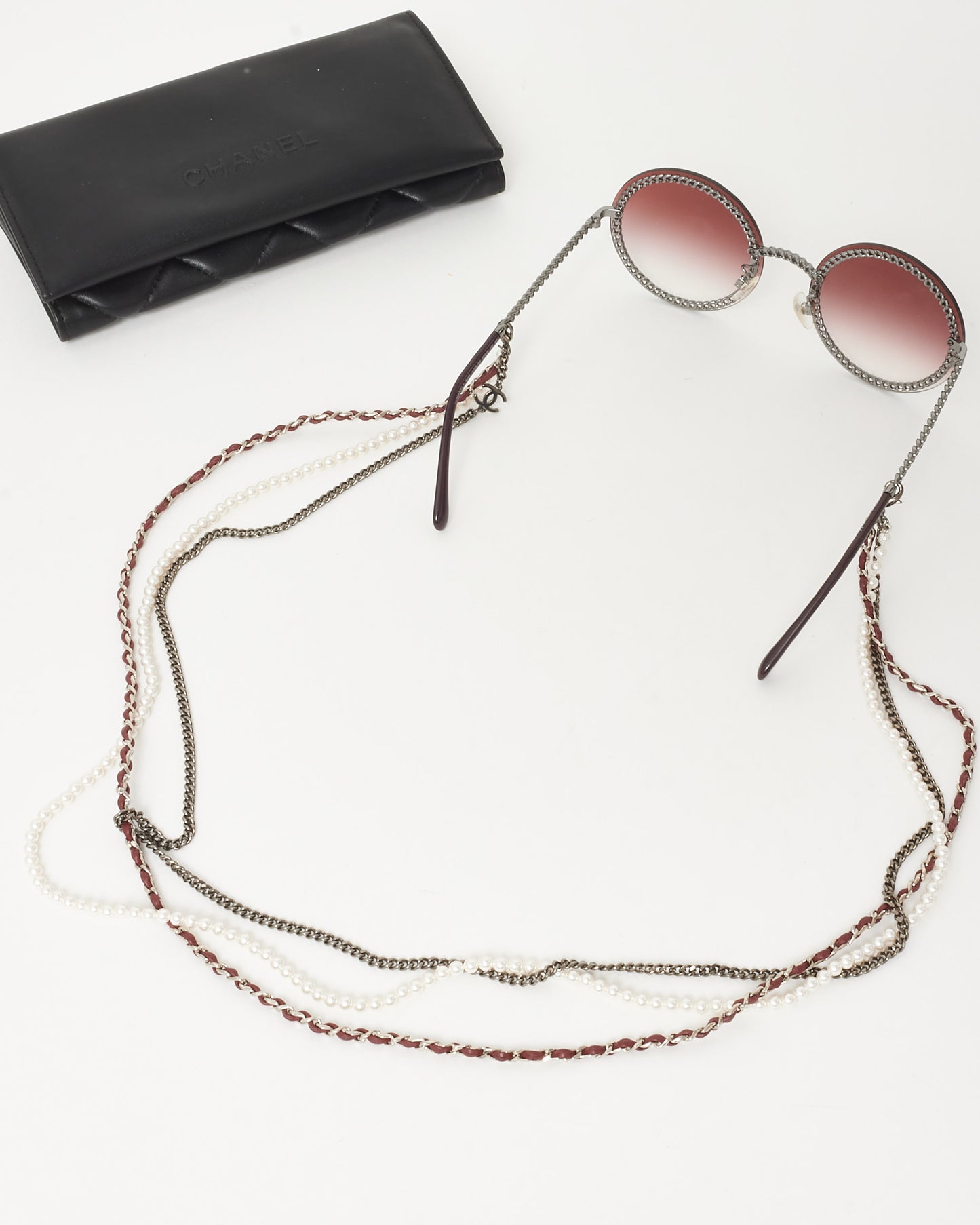 Chanel Silver-tone Pink Round Lens 4245 Sunglasses w/  Removable Burgundy Triple Hanging Chain
