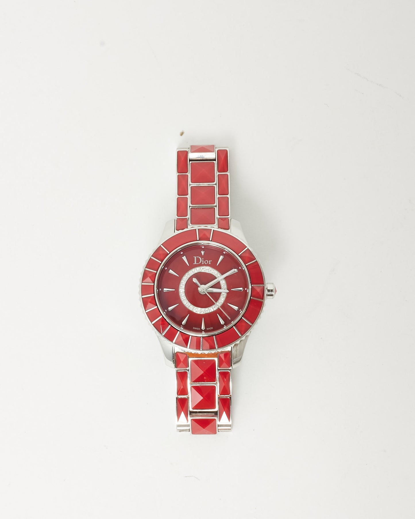 Dior Red Lacquered Stainless Steel Christal Diamond Dial Watch 38mm