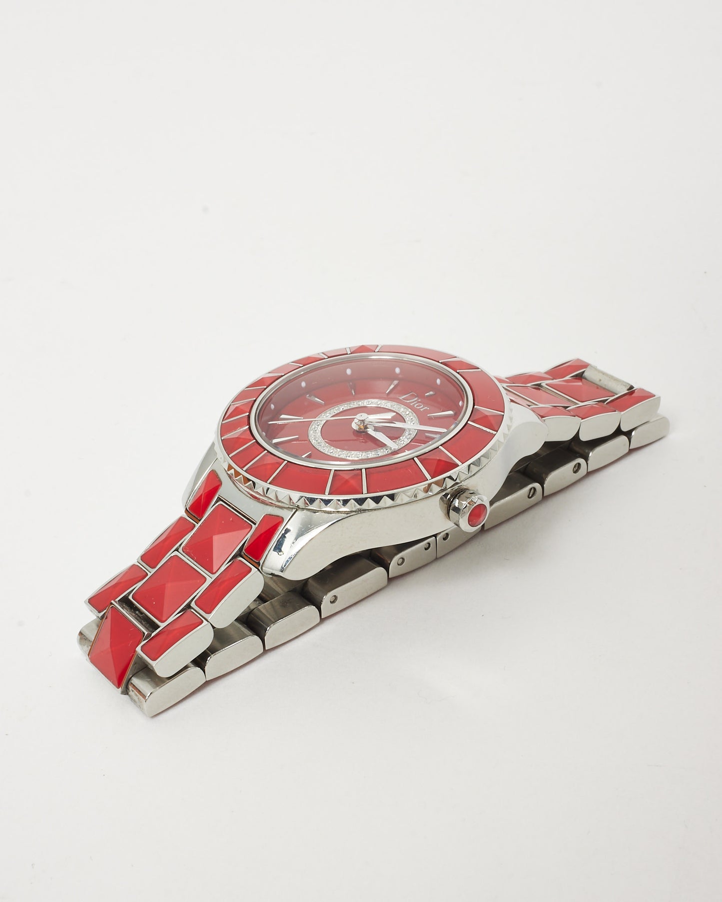 Dior Red Lacquered Stainless Steel Christal Diamond Dial Watch 38mm