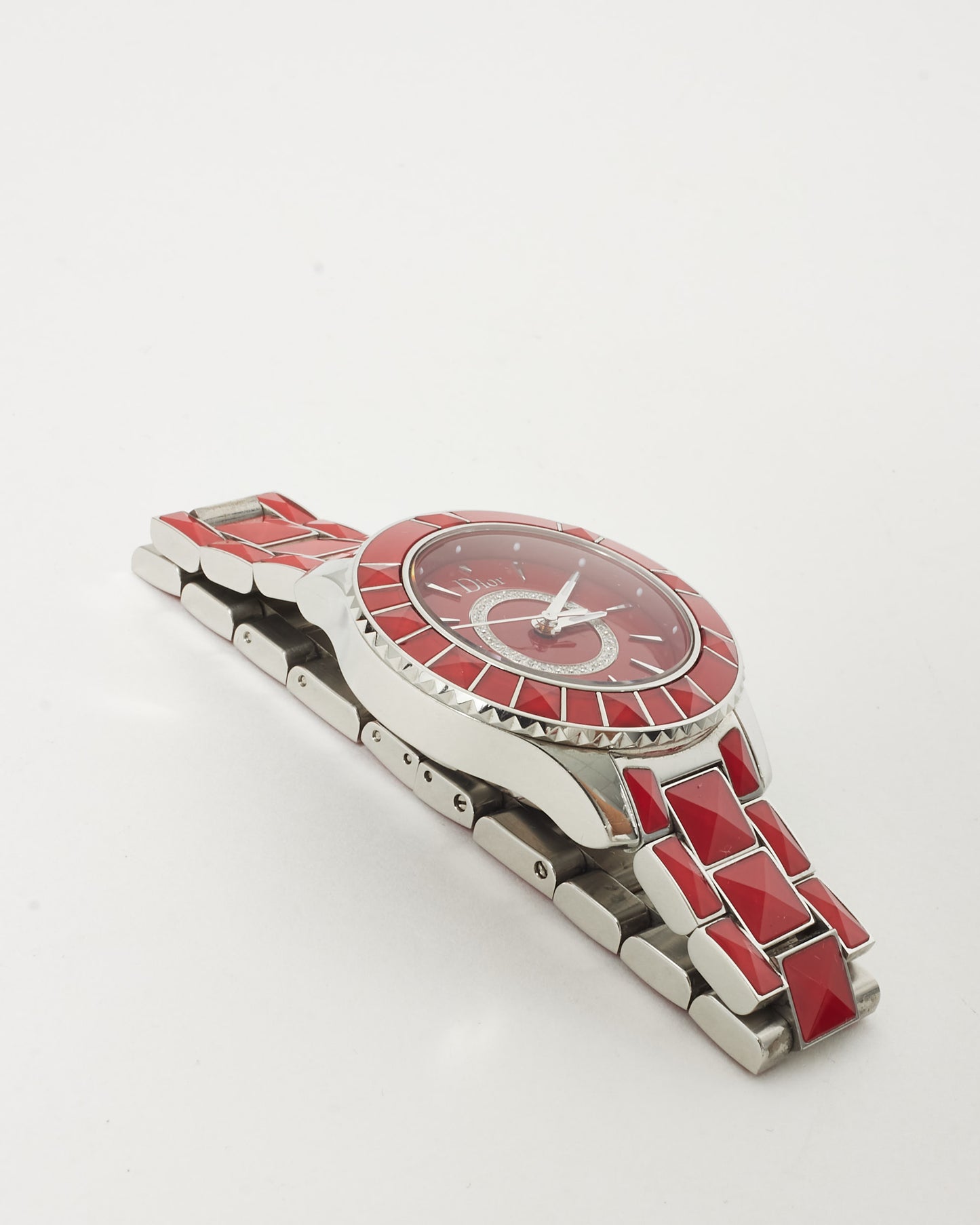 Dior Red Lacquered Stainless Steel Christal Diamond Dial Watch 38mm
