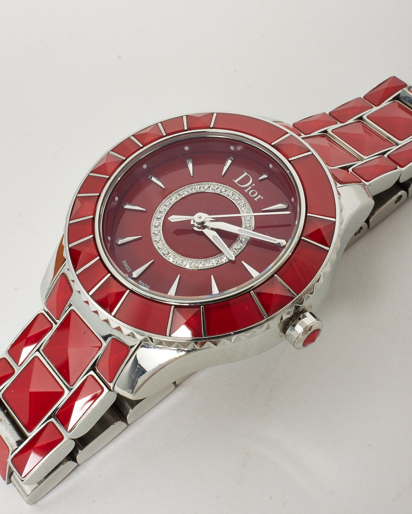 Dior Red Lacquered Stainless Steel Christal Diamond Dial Watch 38mm