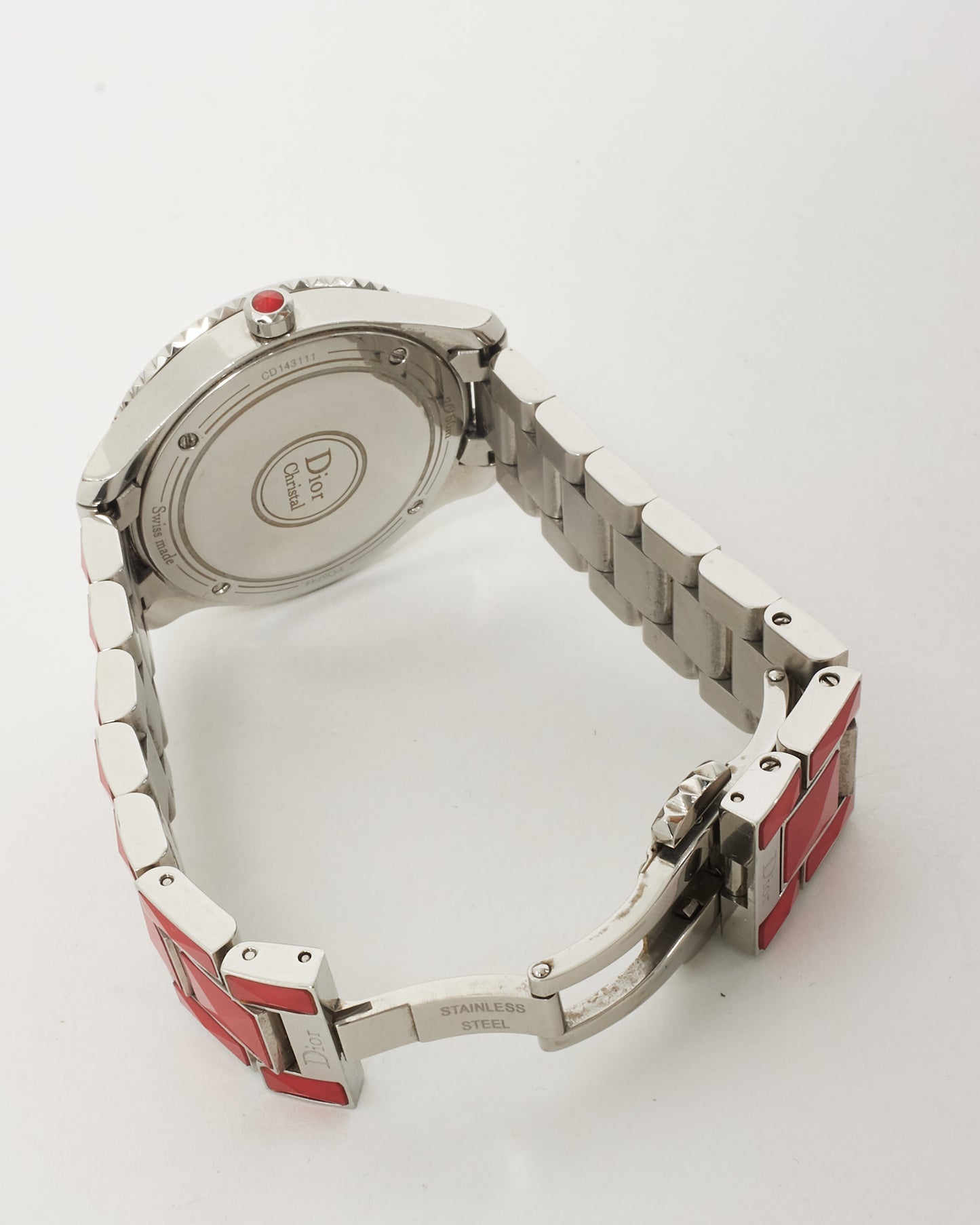 Dior Red Lacquered Stainless Steel Christal Diamond Dial Watch 38mm