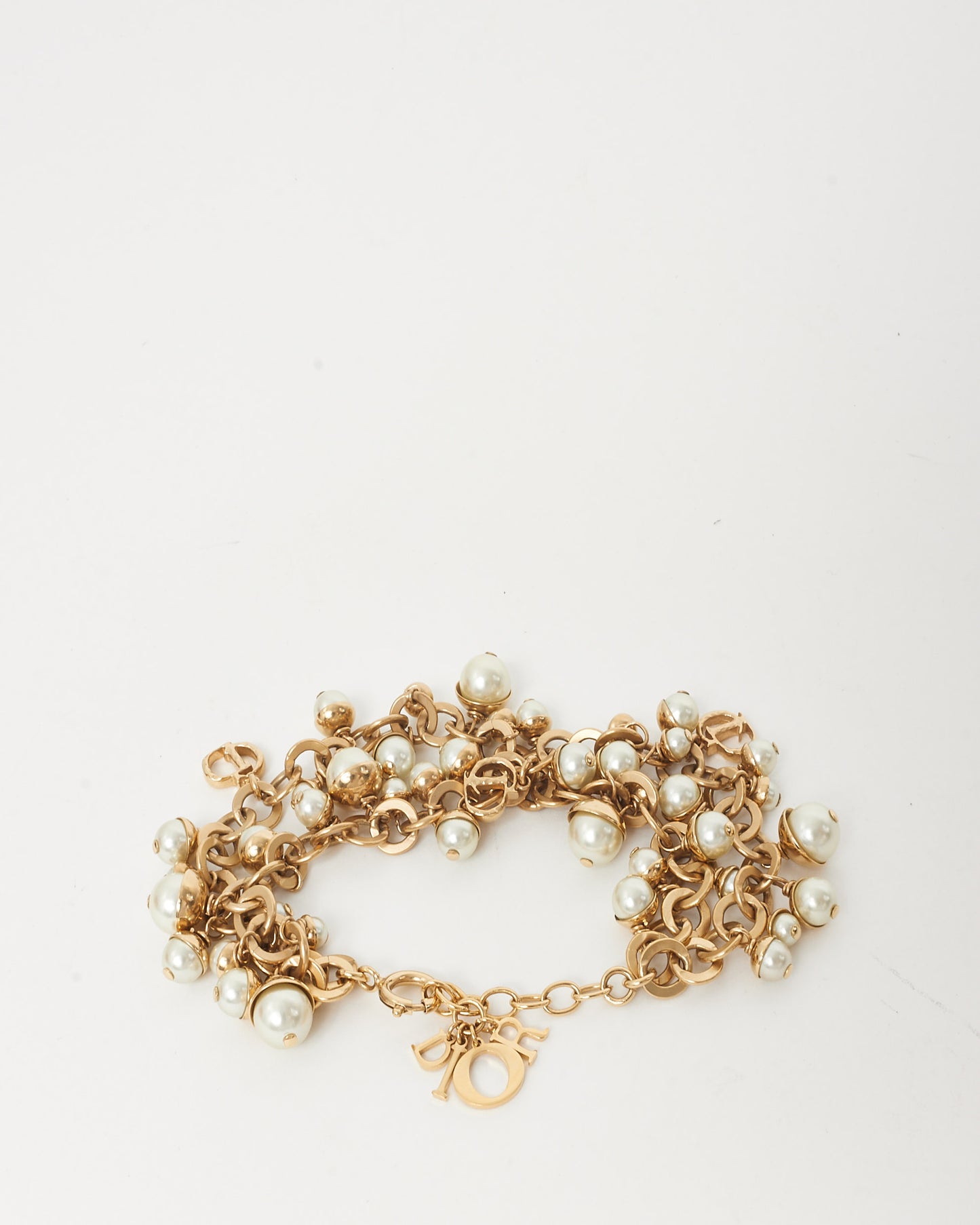 Dior Gold & Faux Pearl Multistrand Logo Bracelet