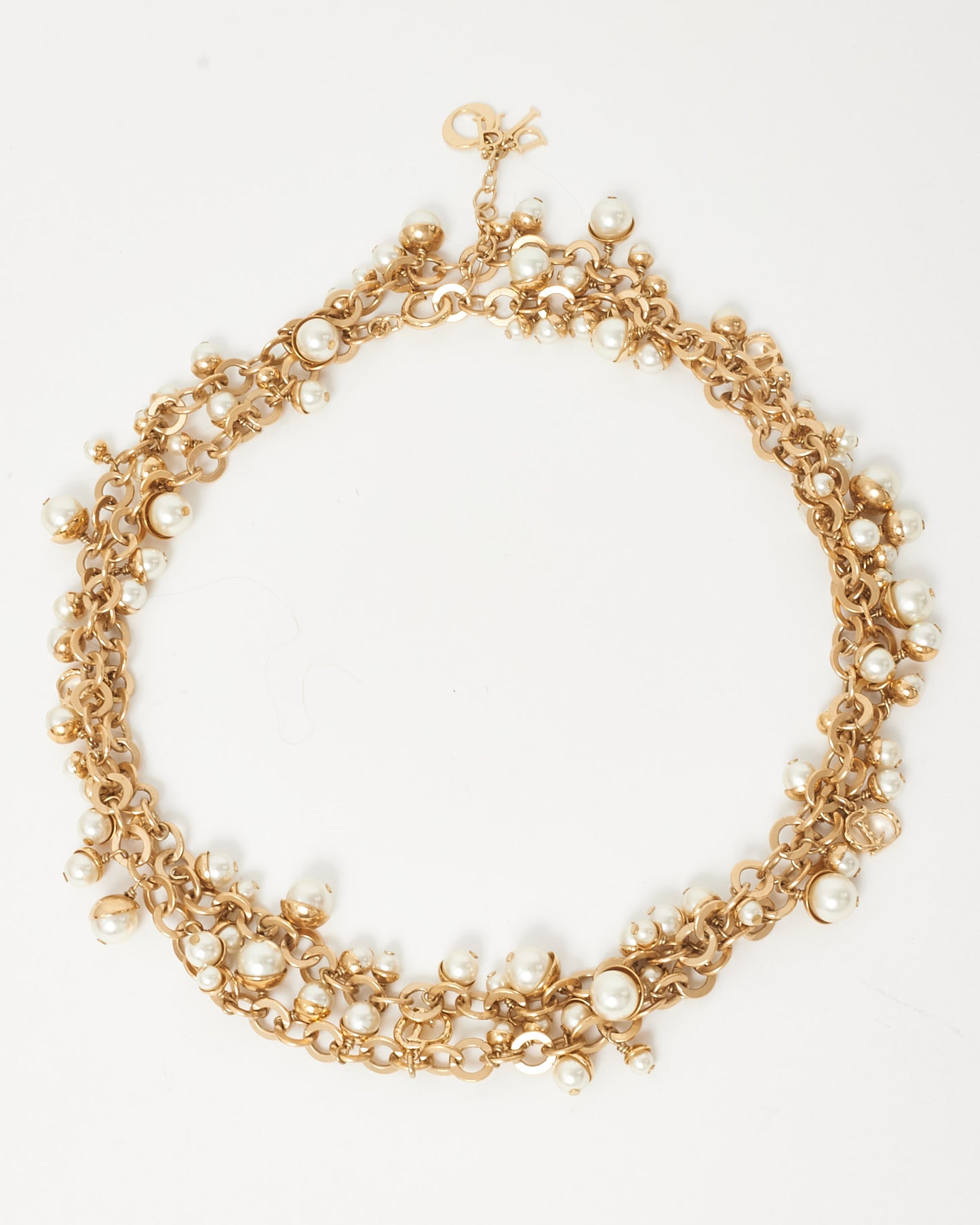Dior Gold & Faux Pearl Multistrand Logo Necklace