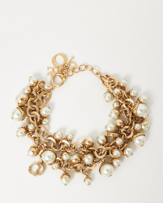Dior Gold & Faux Pearl Multistrand Logo Bracelet