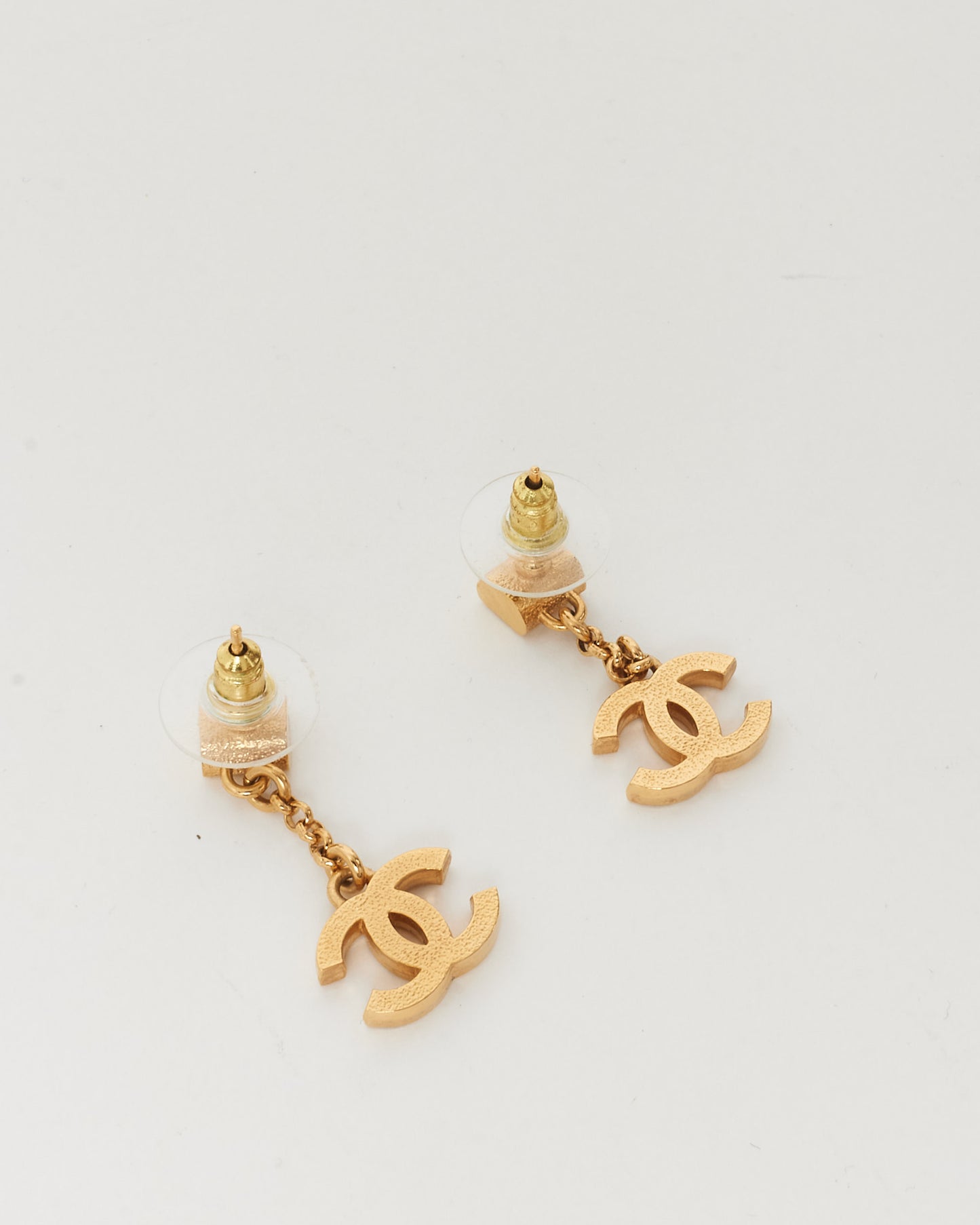 Chanel Gold & White Enamel Logo Stud with Black Dangle Drop CC Pendant B24 Earrings