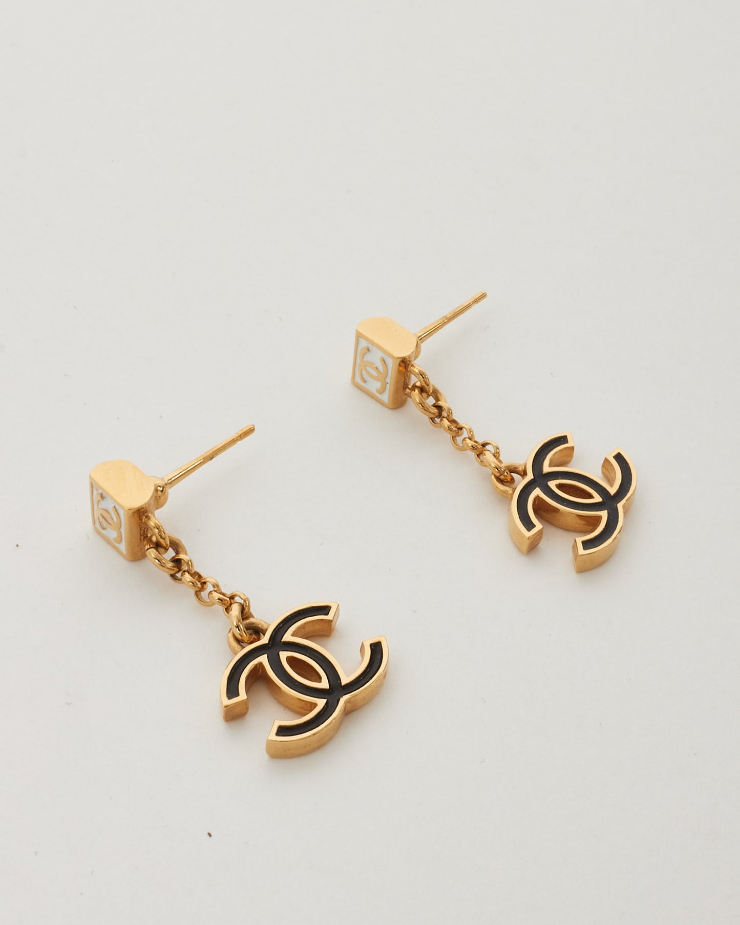 Chanel Gold & White Enamel Logo Stud with Black Dangle Drop CC Pendant B24 Earrings