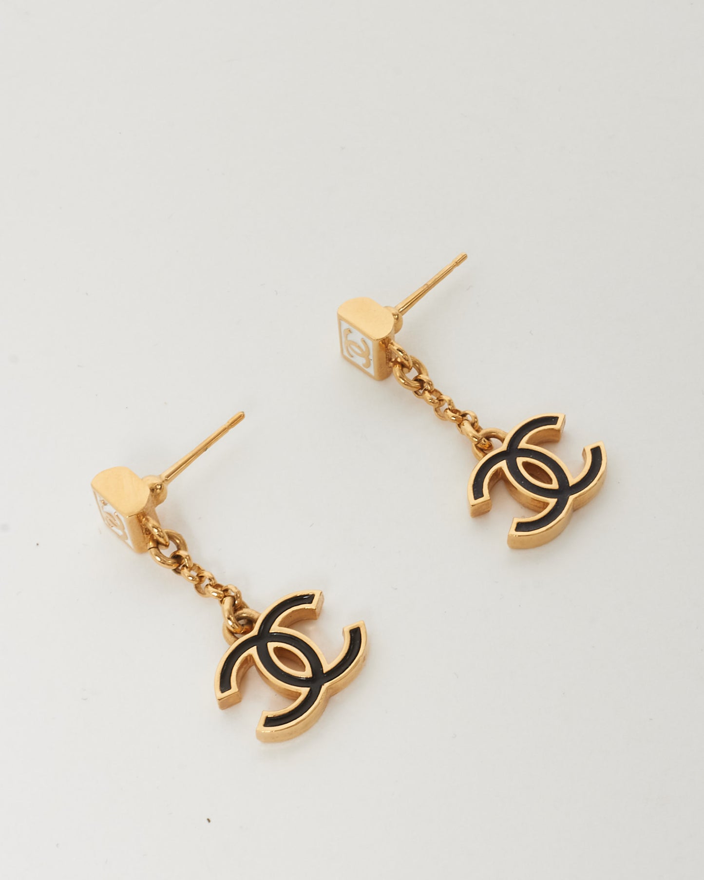 Chanel Gold & White Enamel Logo Stud with Black Dangle Drop CC Pendant B24 Earrings