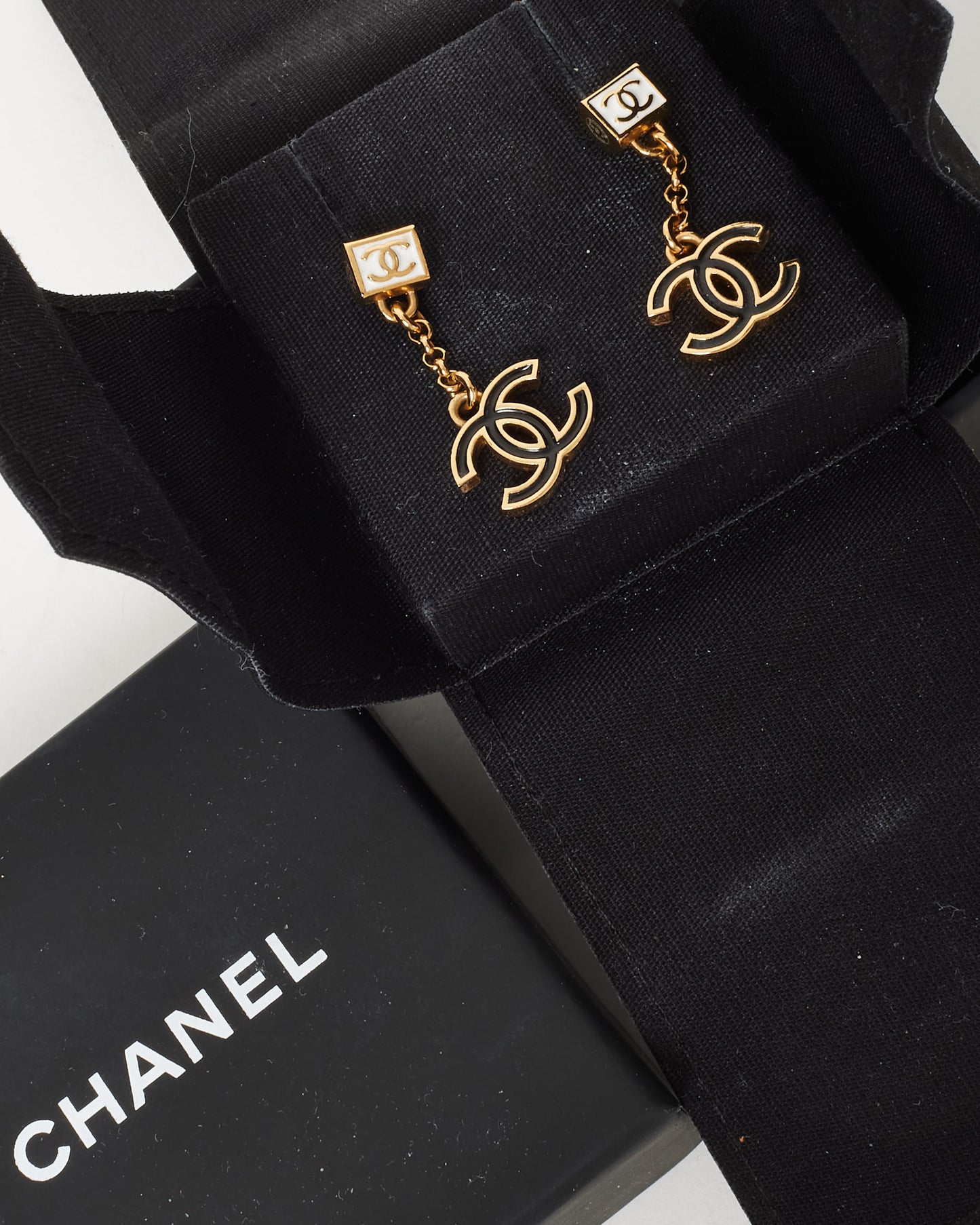 Chanel Gold & White Enamel Logo Stud with Black Dangle Drop CC Pendant B24 Earrings