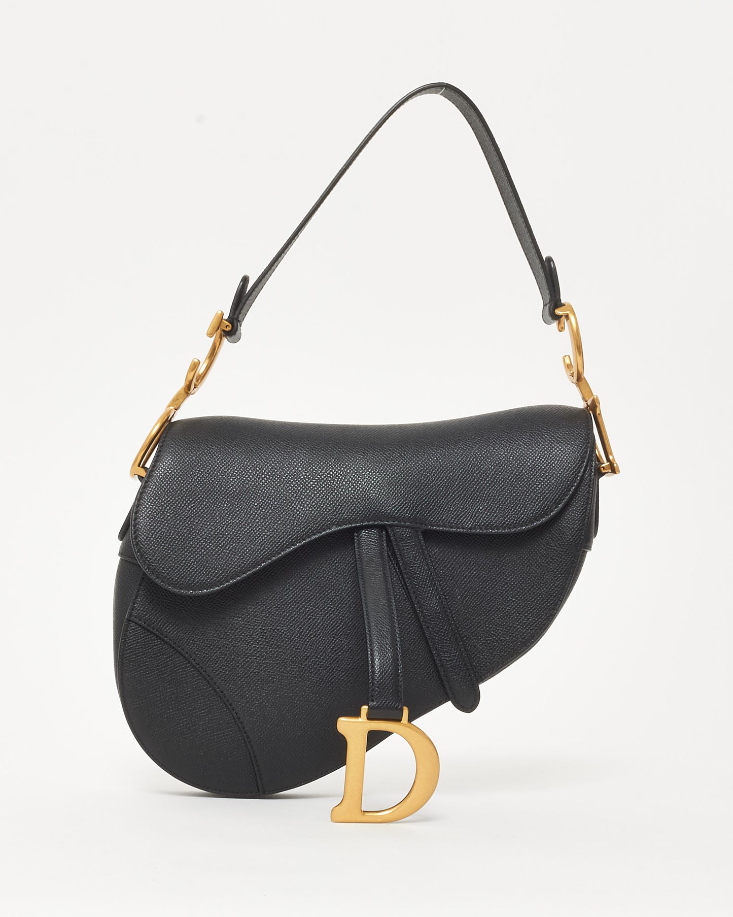 Dior Black Grained Calfskin Leather Saddle Bag with Strap