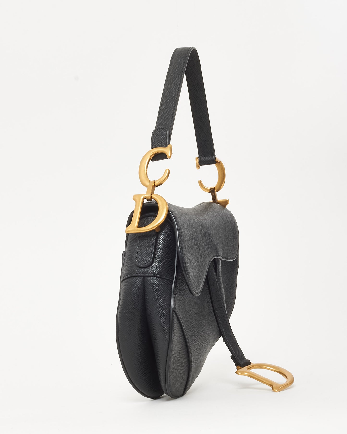Dior Black Grained Calfskin Leather Saddle Bag with Strap