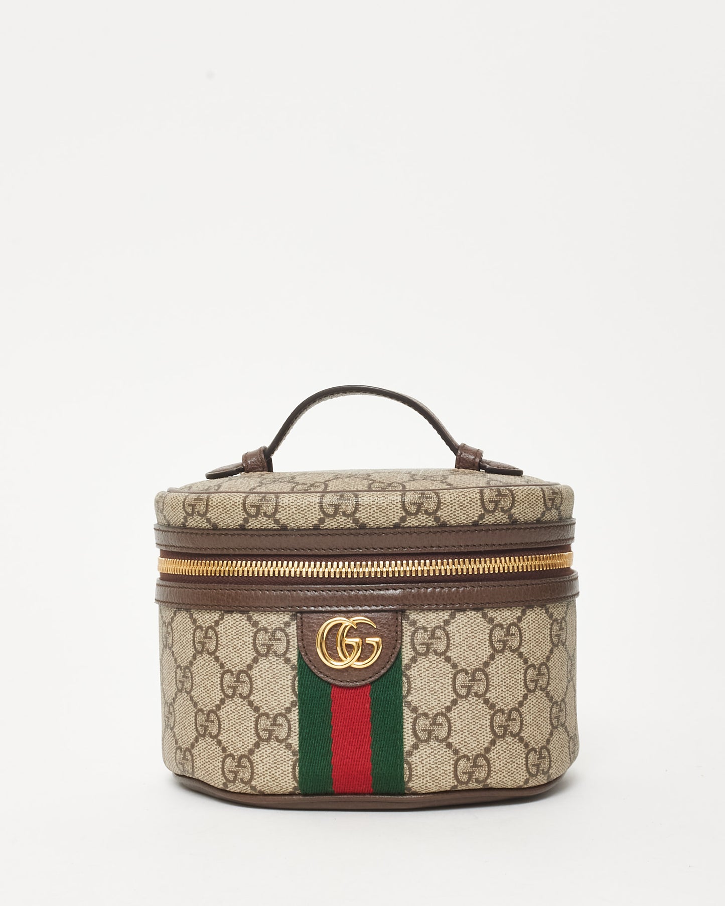 Gucci Beige & Brown Ebony GG Monogram Supreme Canvas Web Mini Vanity Bag