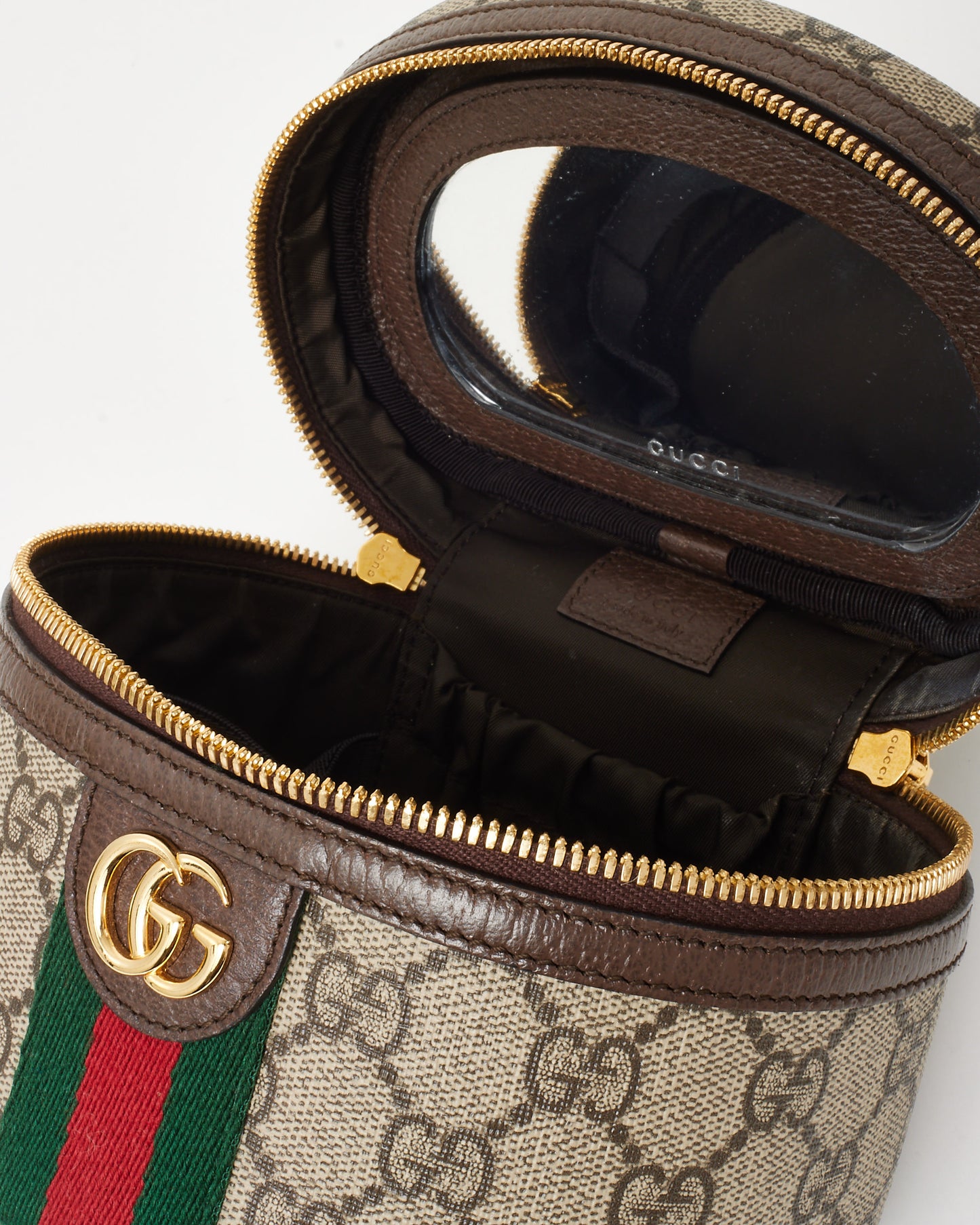 Gucci Beige & Brown Ebony GG Monogram Supreme Canvas Web Mini Vanity Bag