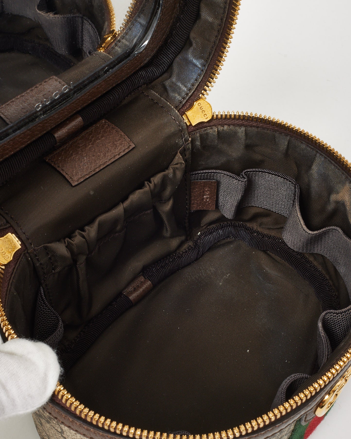 Gucci Beige & Brown Ebony GG Monogram Supreme Canvas Web Mini Vanity Bag