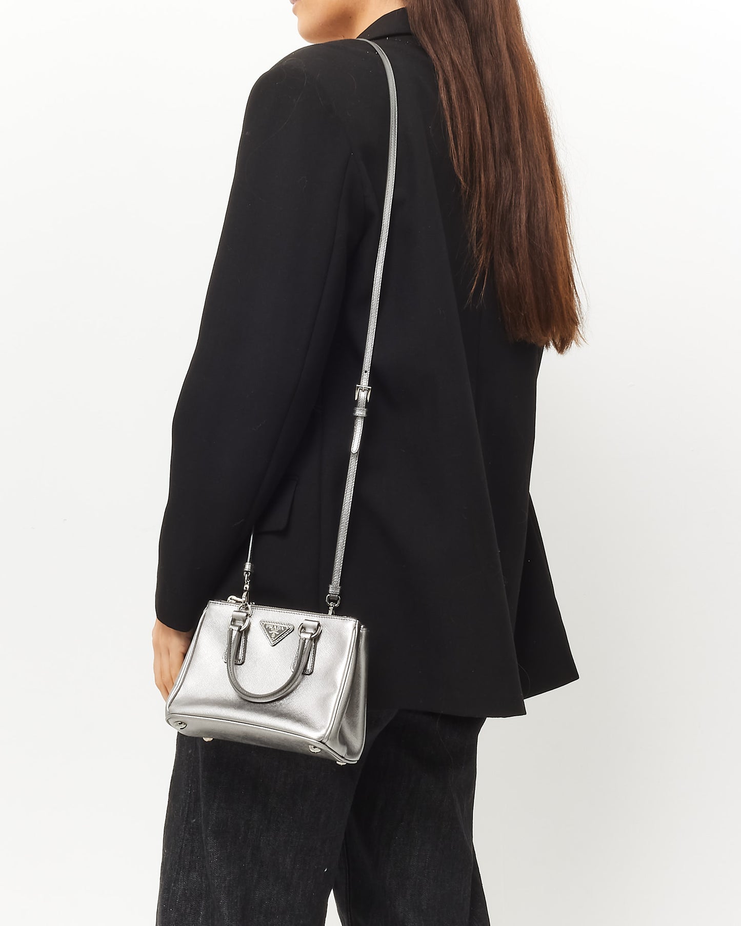 Prada Silver Saffiano Leather Micro Double Zip Galleria Tote