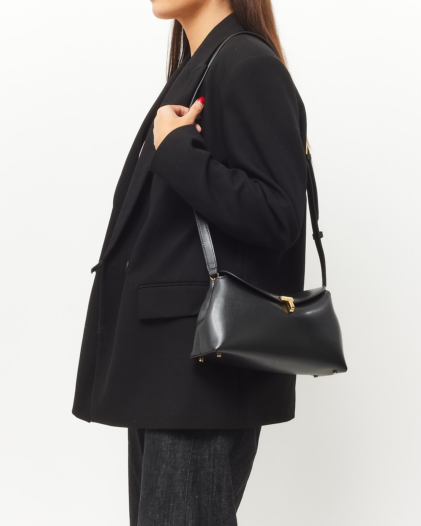 Totême Black Leather T-Lock Clutch Bag w/ Strap