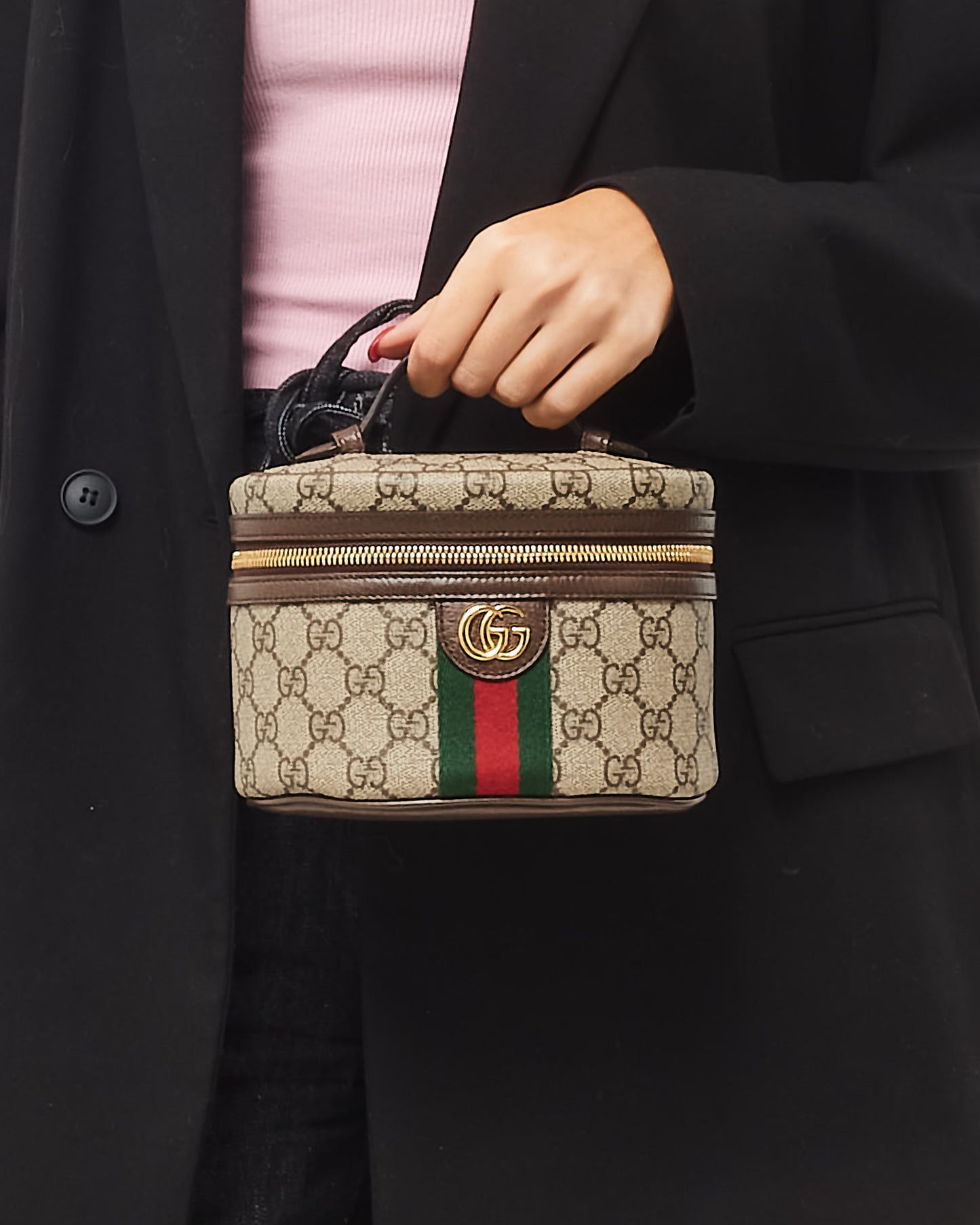 Gucci Beige & Brown Ebony GG Monogram Supreme Canvas Web Mini Vanity Bag