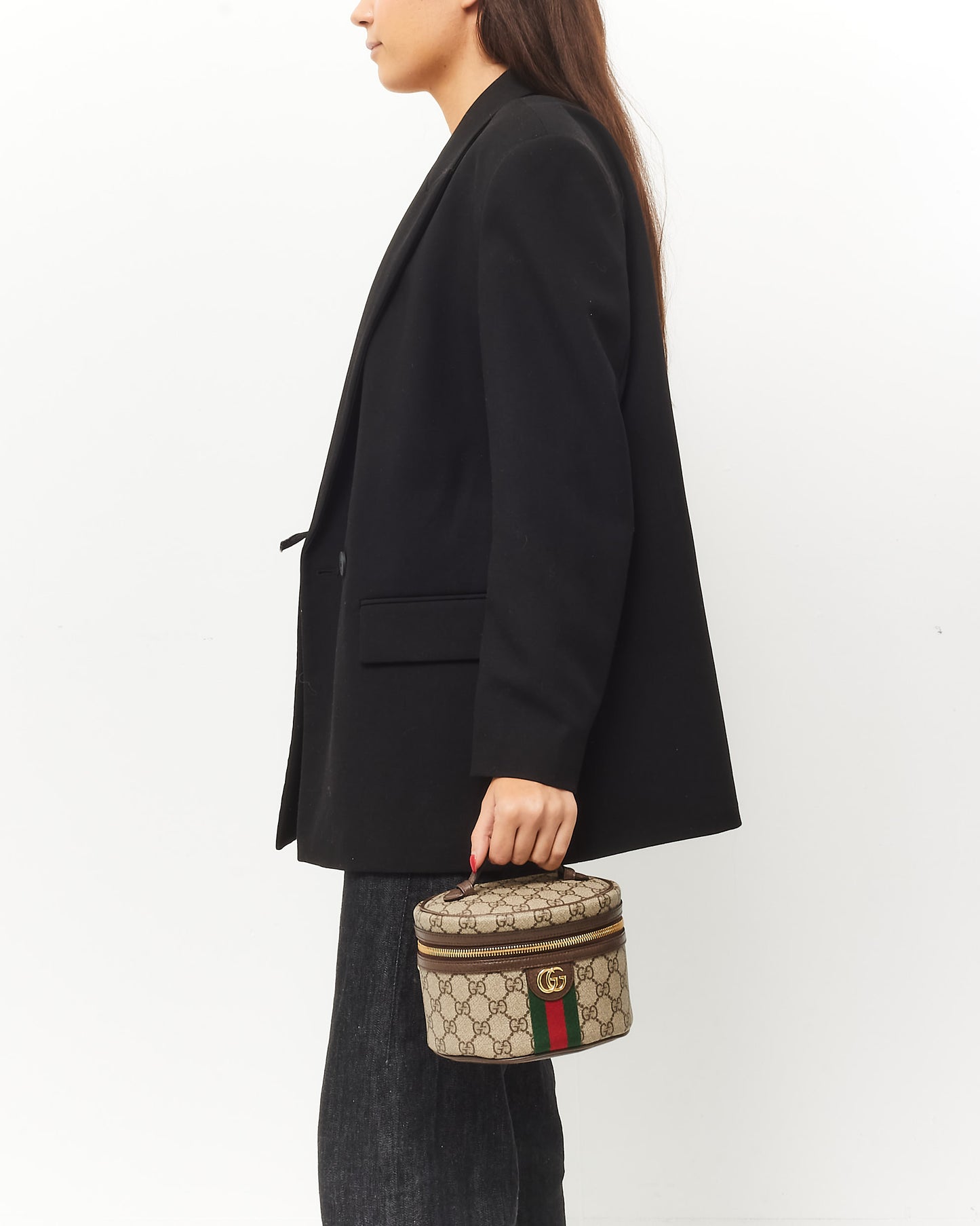 Gucci Beige & Brown Ebony GG Monogram Supreme Canvas Web Mini Vanity Bag