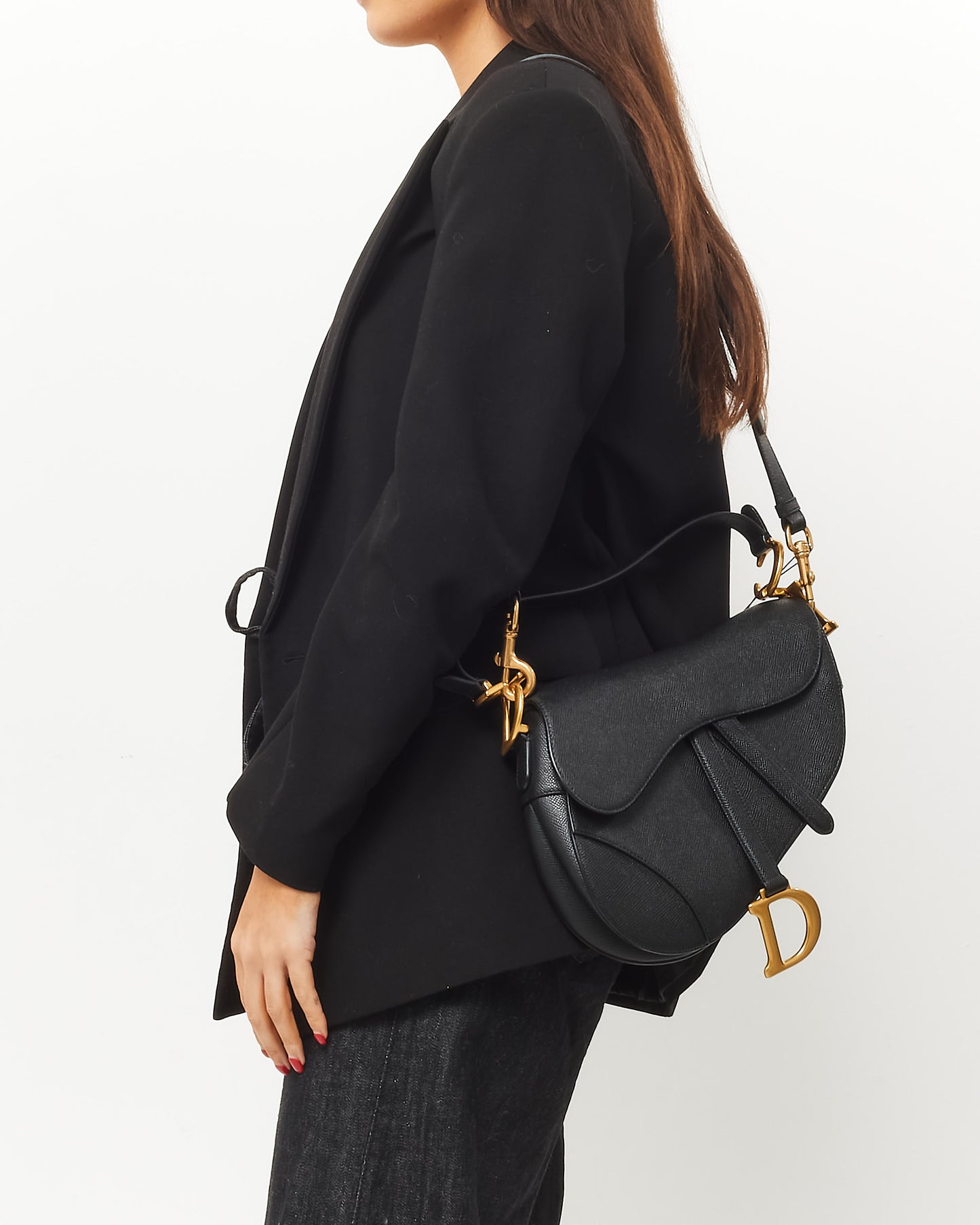 Dior Black Grained Calfskin Leather Saddle Bag with Strap