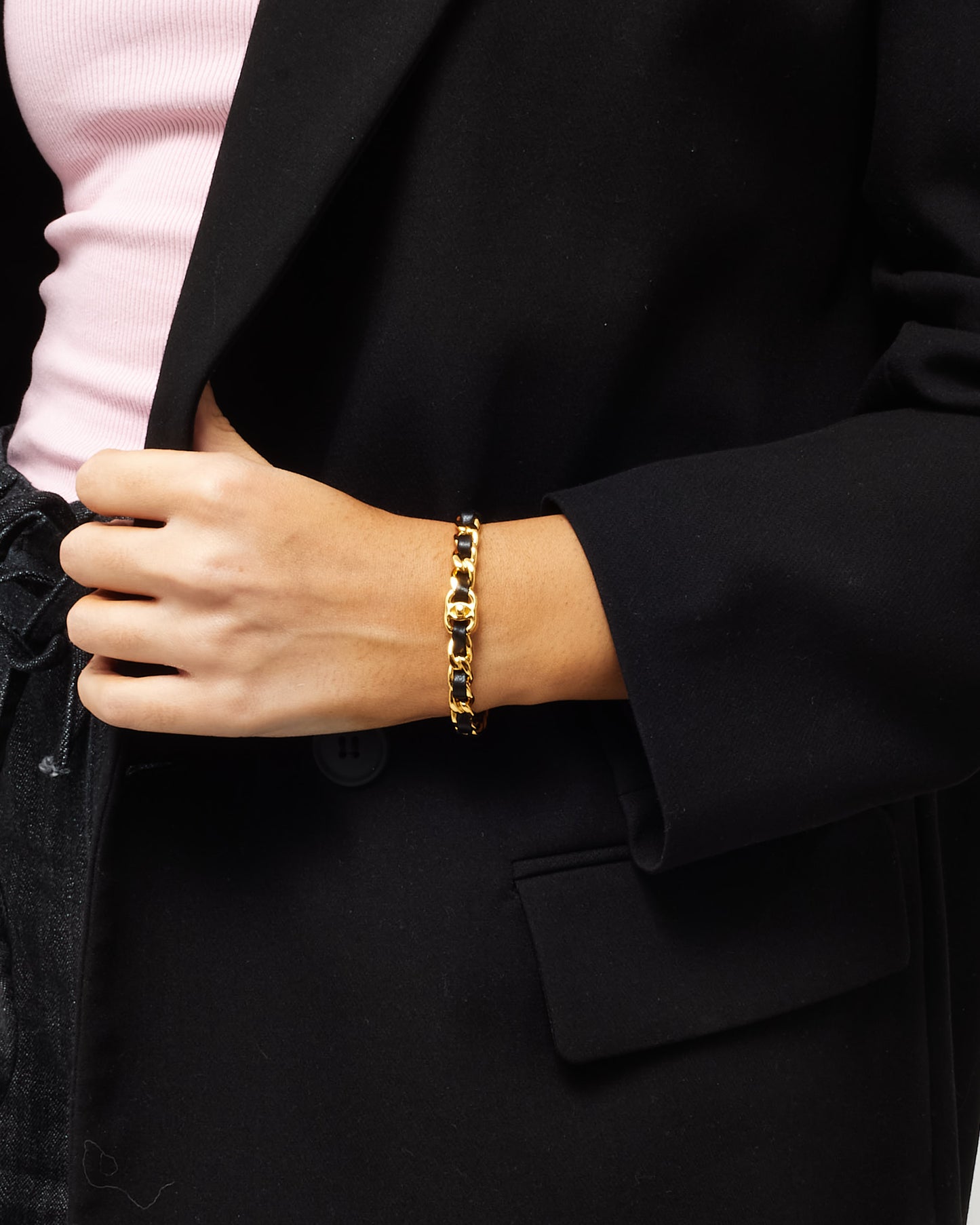 Chanel Gold & Black Interwoven Chain CC Logo Cuff Bracelet