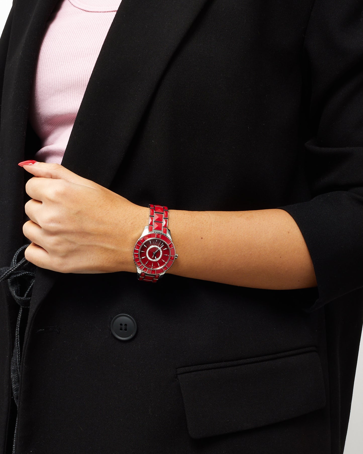 Dior Red Lacquered Stainless Steel Christal Diamond Dial Watch 38mm