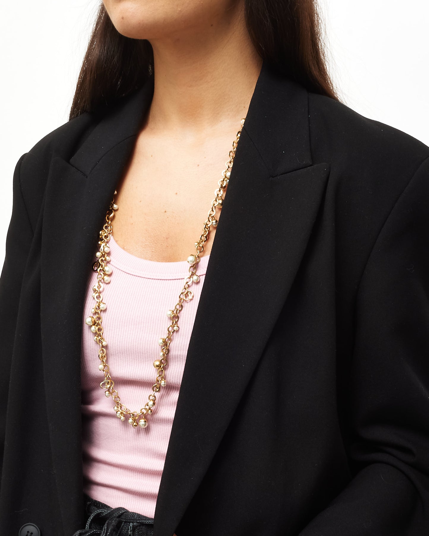 Dior Gold & Faux Pearl Multistrand Logo Necklace