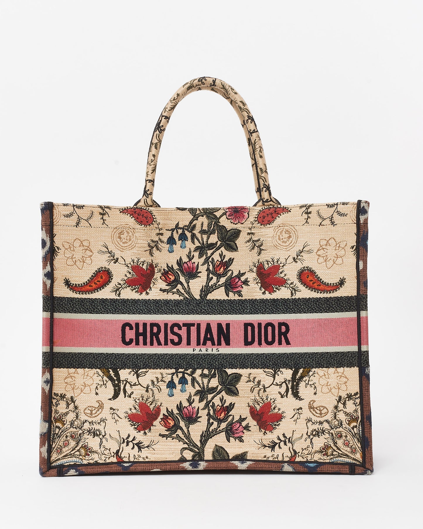 Dior Beige & Multi Broderie Flowers Embroidered Canvas Large Book Tote