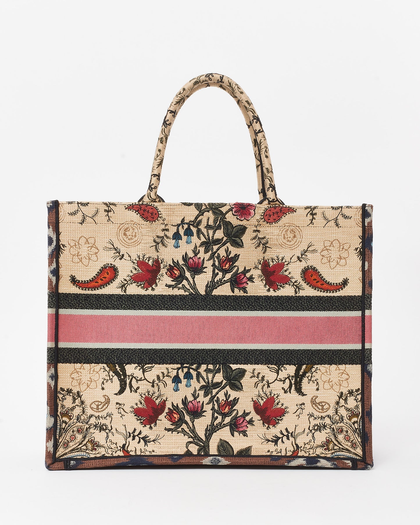 Dior Beige & Multi Broderie Flowers Embroidered Canvas Large Book Tote