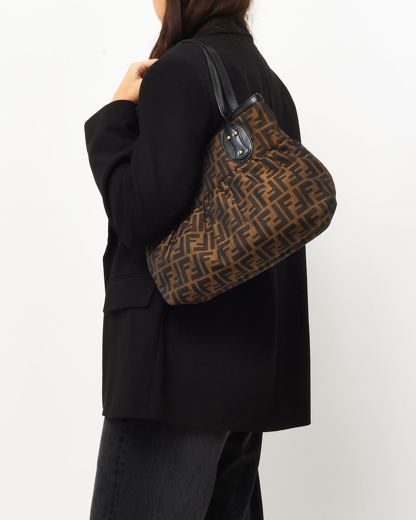 Fendi Brown Leather & Tobacco Zucca Print Canvas Chef Tote Bag