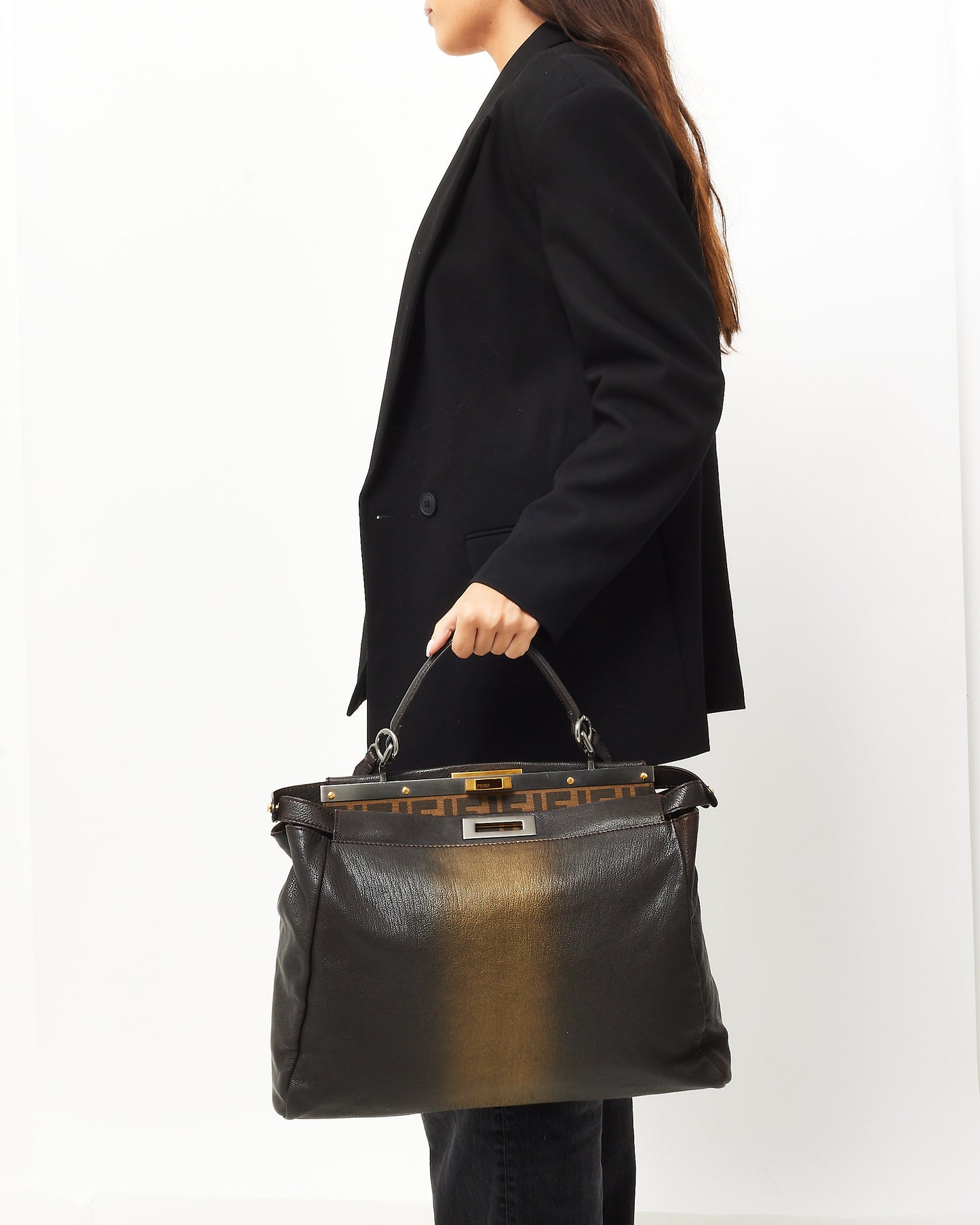 Fendi Brown and Gold Ombré Leather Large FF Zucca Peekaboo Bag