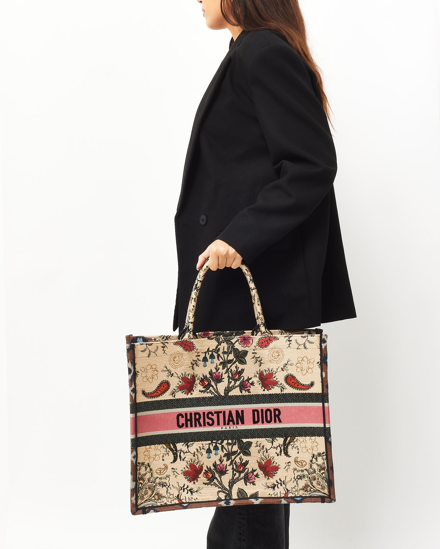 Dior Beige & Multi Broderie Flowers Embroidered Canvas Large Book Tote