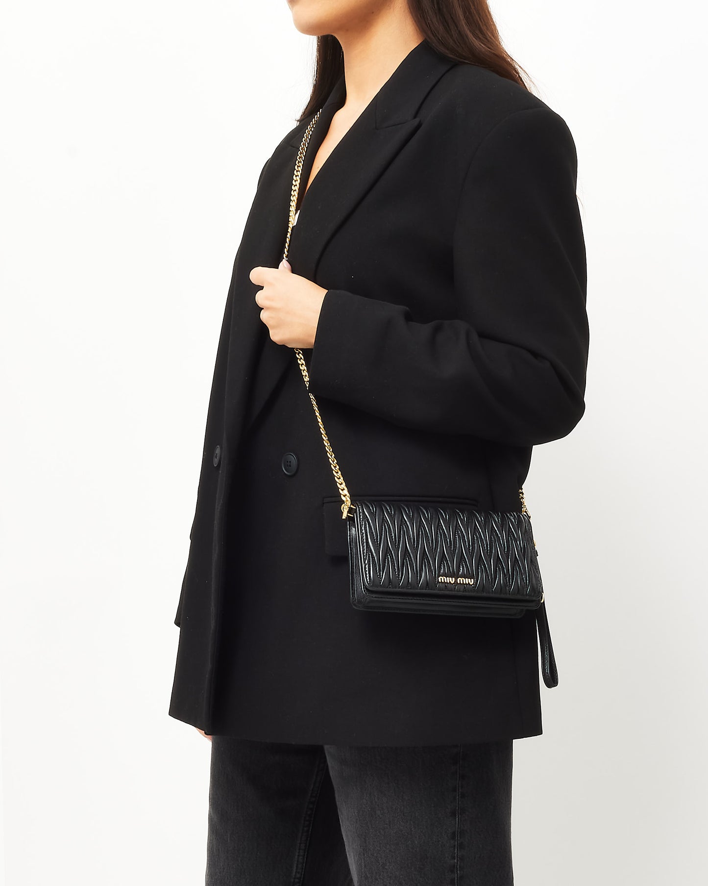 Miu Miu Black Gaufre Matelassé Leather Wallet on Chain Crossbody Bag