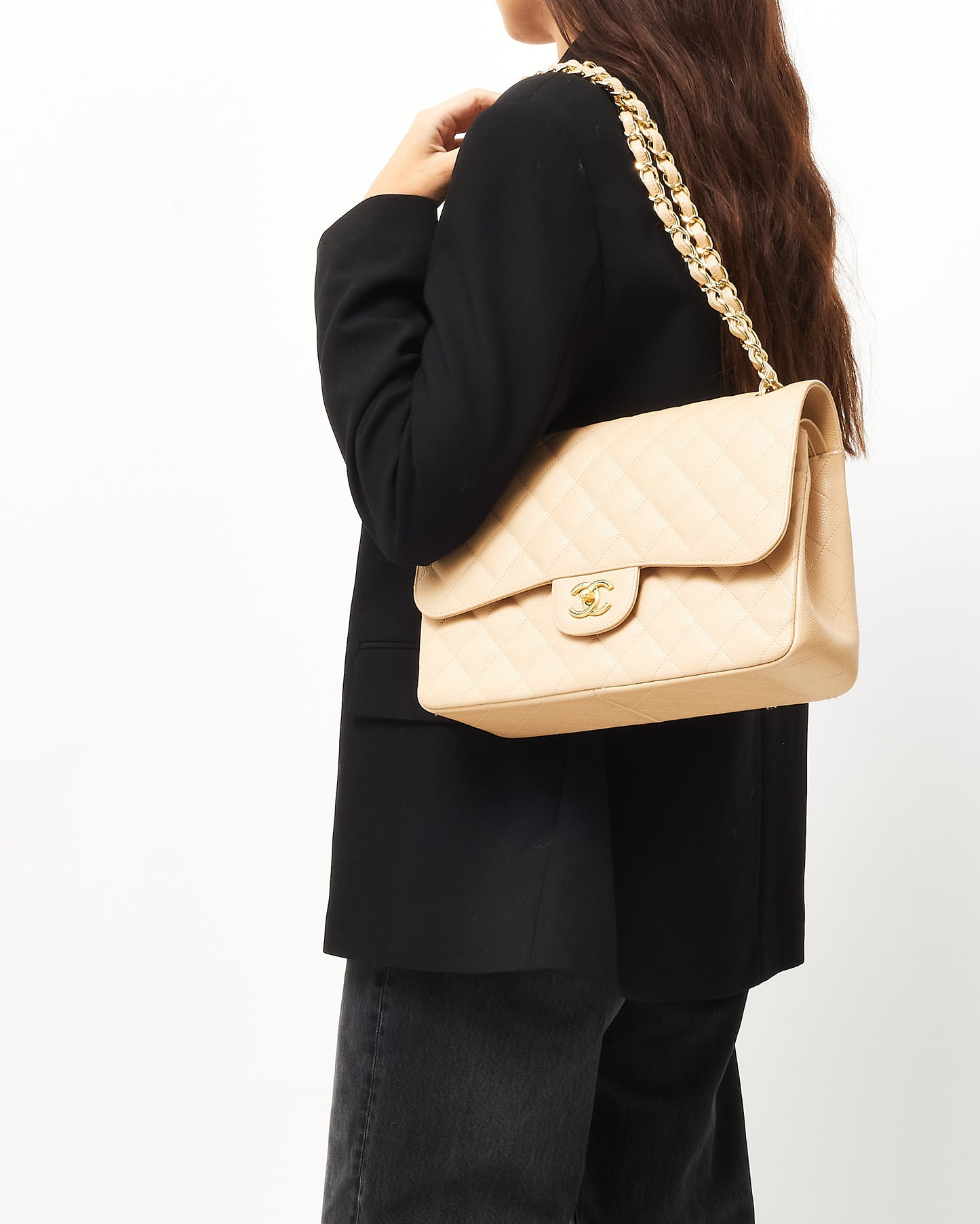 Chanel Beige Caviar Leather Jumbo Double Flap Bag GHW