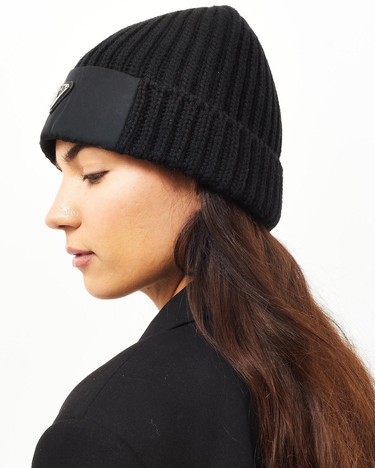 Prada Black Re-Nylon Gabardine and Wool Logo Hat - M