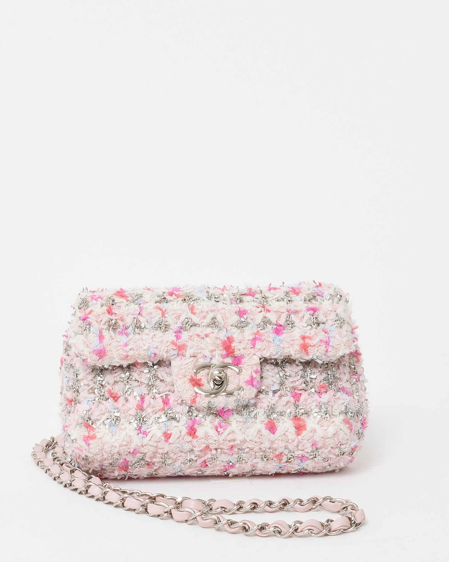 Chanel Pink Quilted Tweed & Ribbon Mini Rectangular Flap Bag SHW