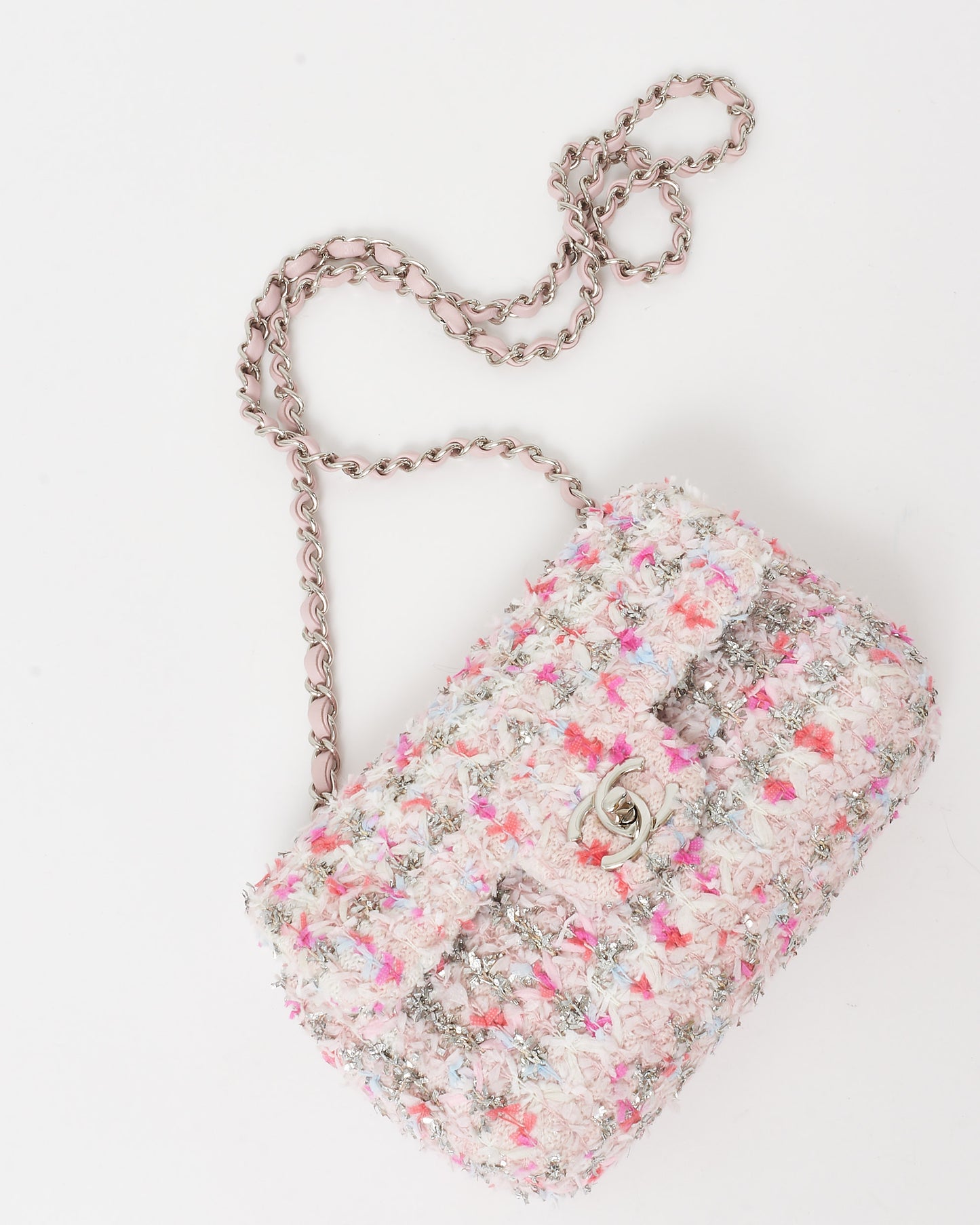 Chanel Pink Quilted Tweed & Ribbon Mini Rectangular Flap Bag SHW