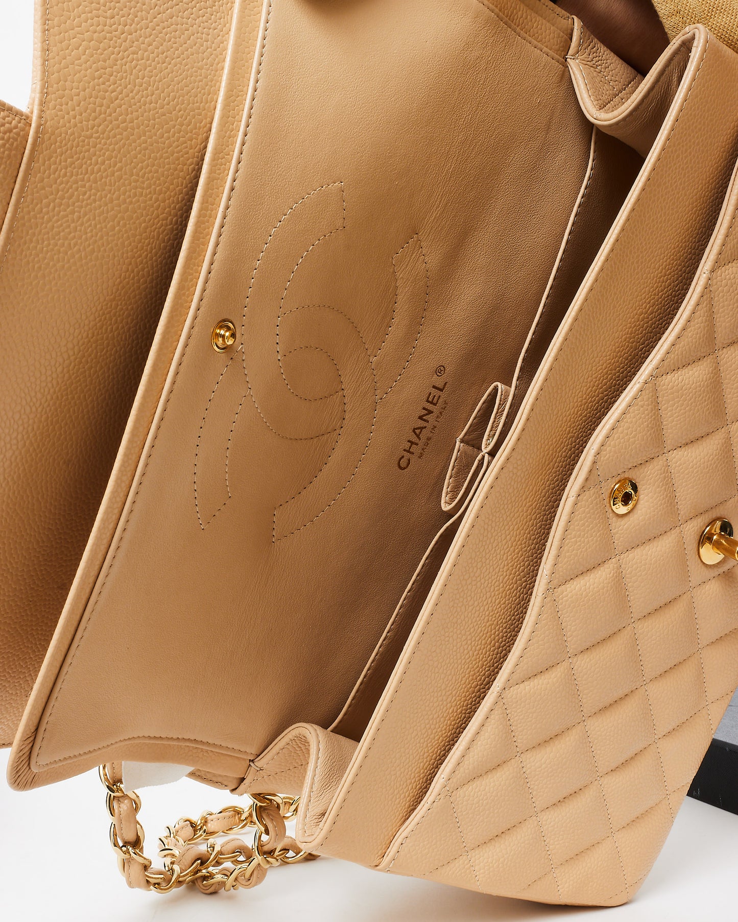 Chanel Beige Caviar Leather Jumbo Double Flap Bag GHW