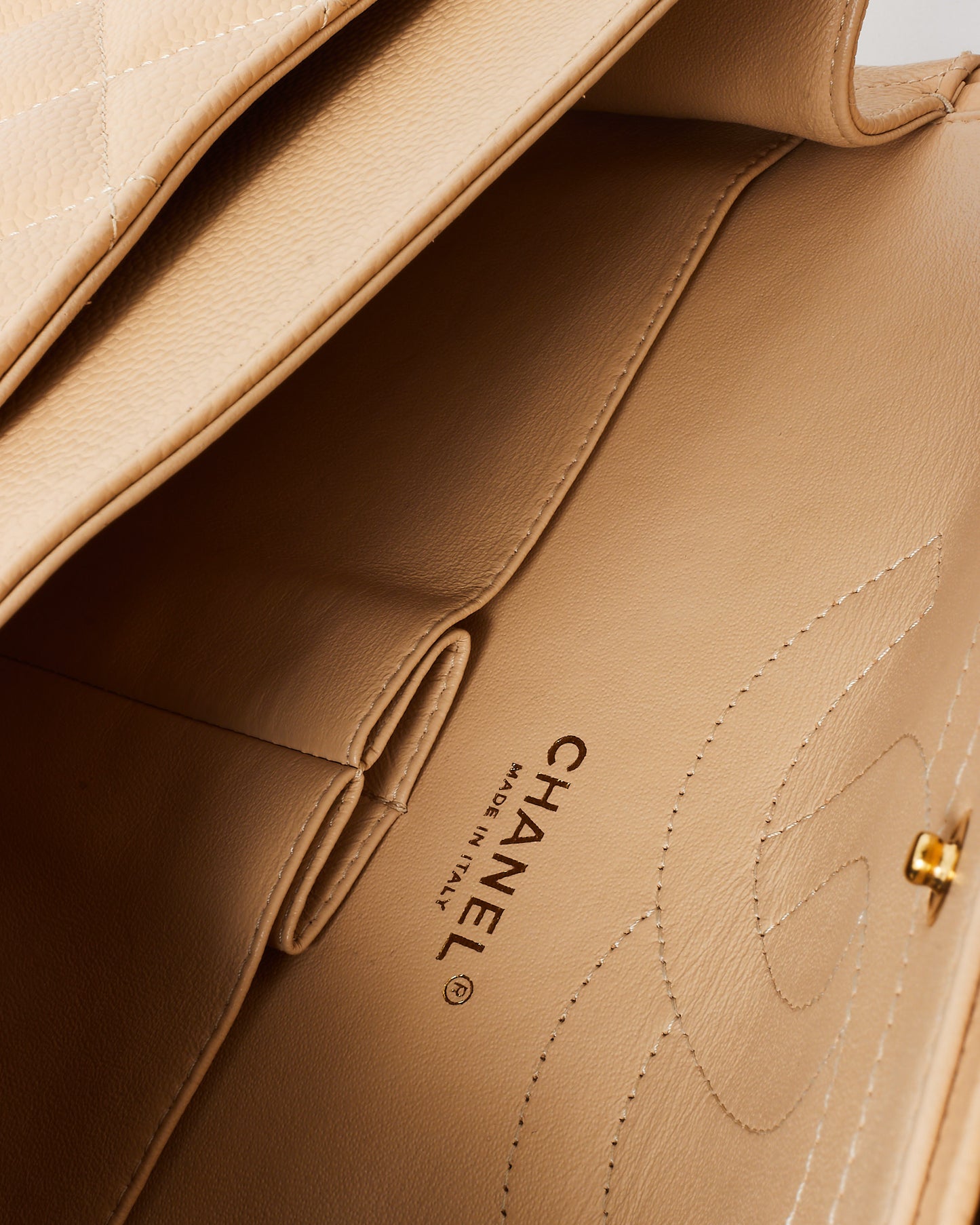 Chanel Beige Caviar Leather Jumbo Double Flap Bag GHW