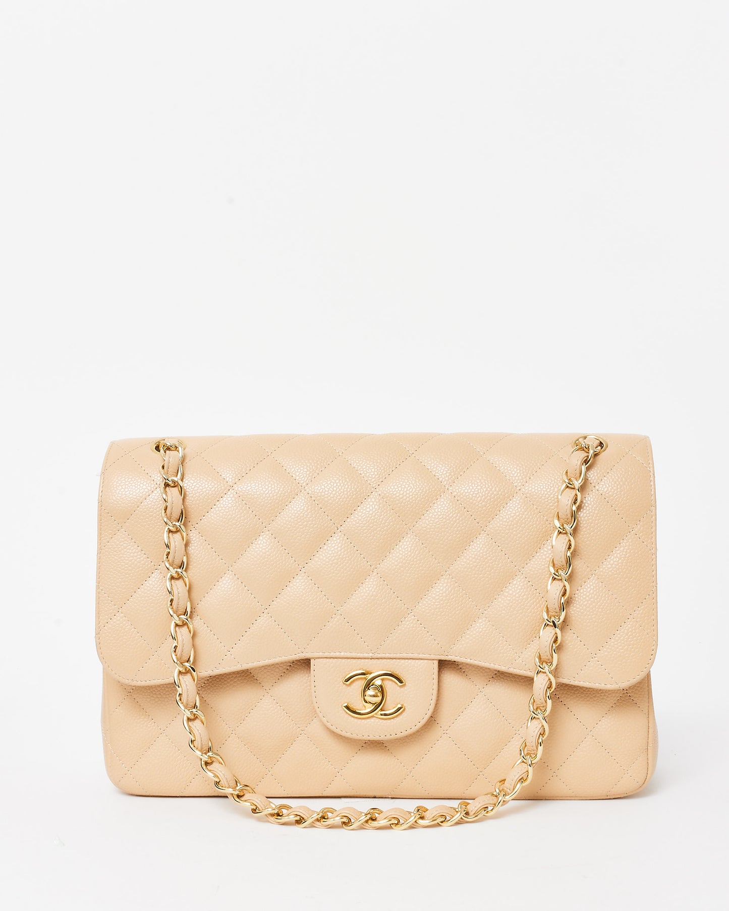Chanel Beige Caviar Leather Jumbo Double Flap Bag GHW