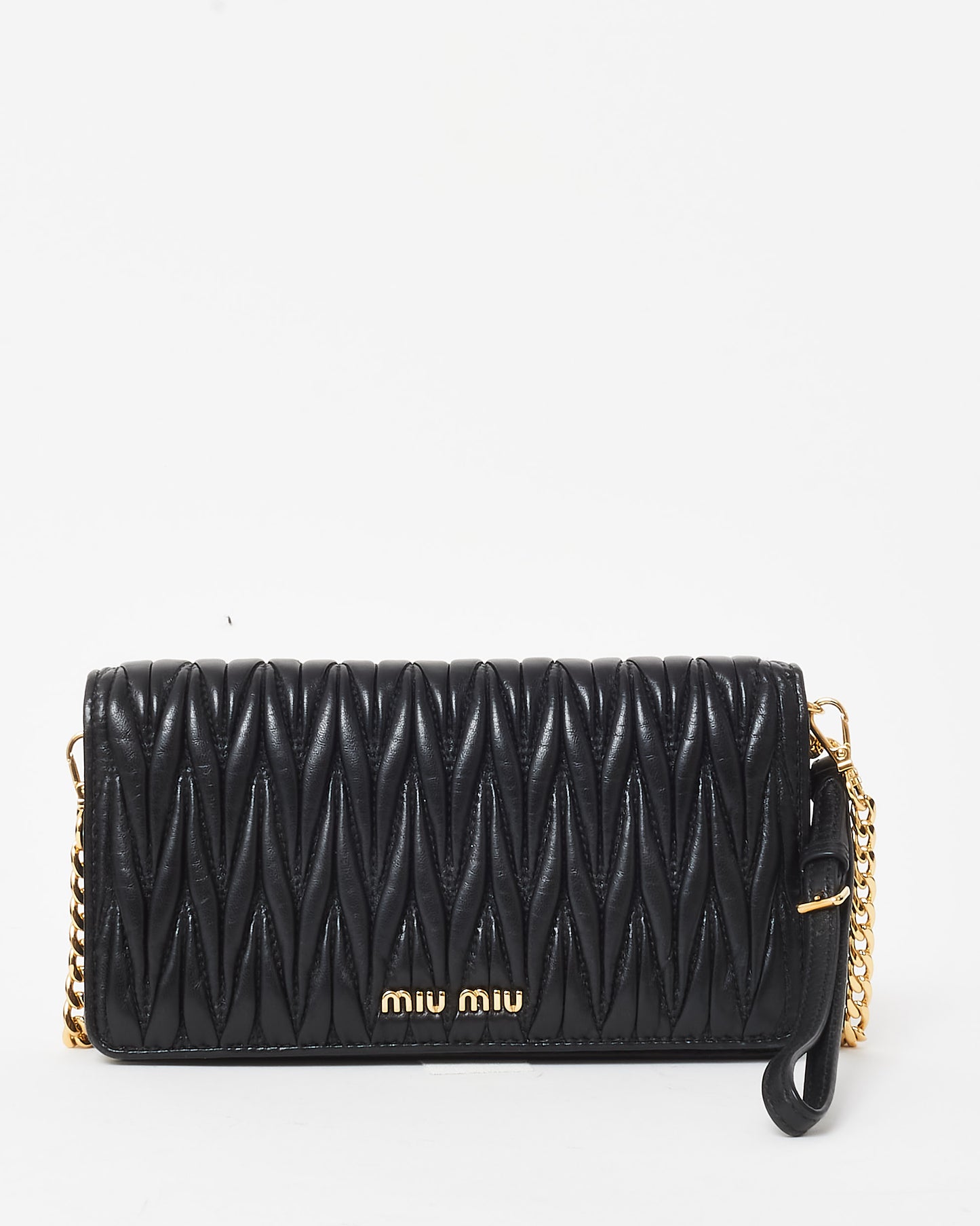 Miu Miu Black Gaufre Matelassé Leather Wallet on Chain Crossbody Bag