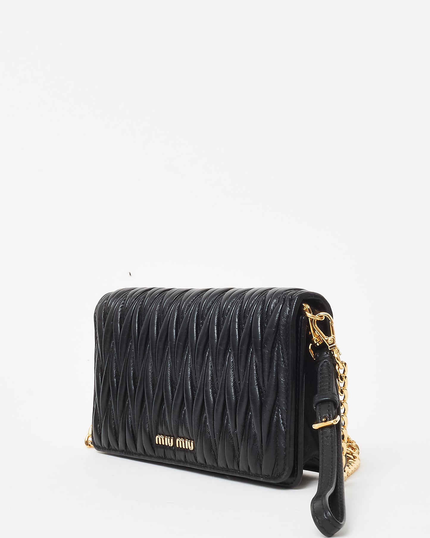 Miu Miu Black Gaufre Matelassé Leather Wallet on Chain Crossbody Bag