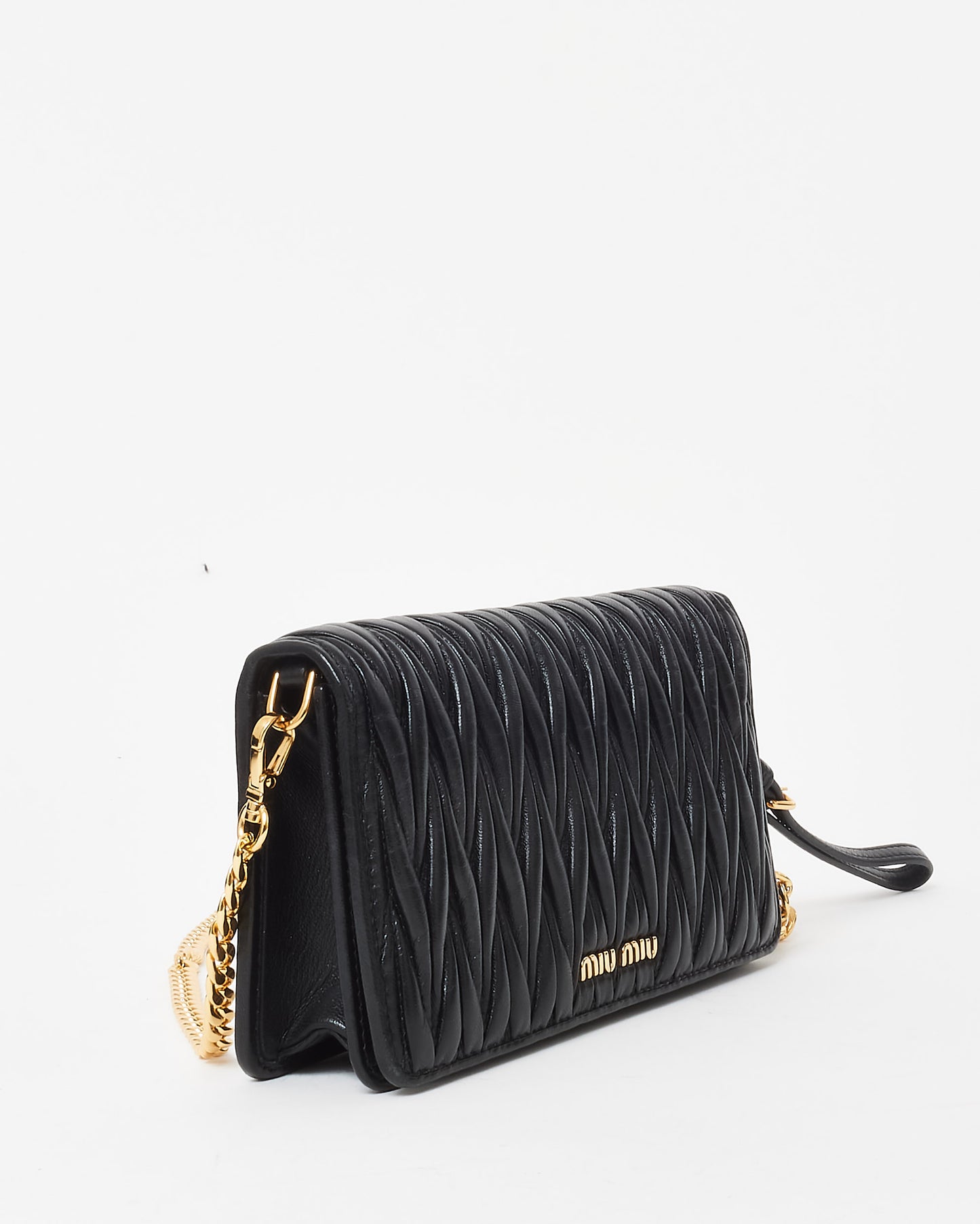 Miu Miu Black Gaufre Matelassé Leather Wallet on Chain Crossbody Bag